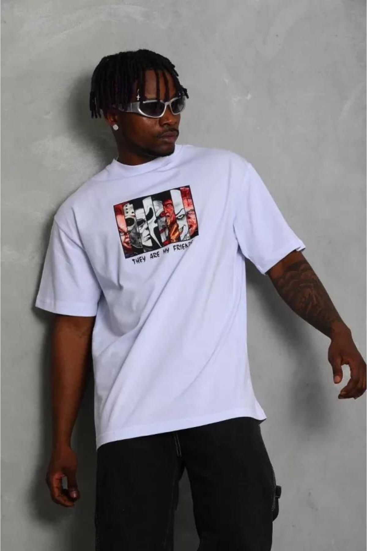 modamtn Unisex Oversize Baskılı Bisiklet Yaka T-Shirt - Beyaz