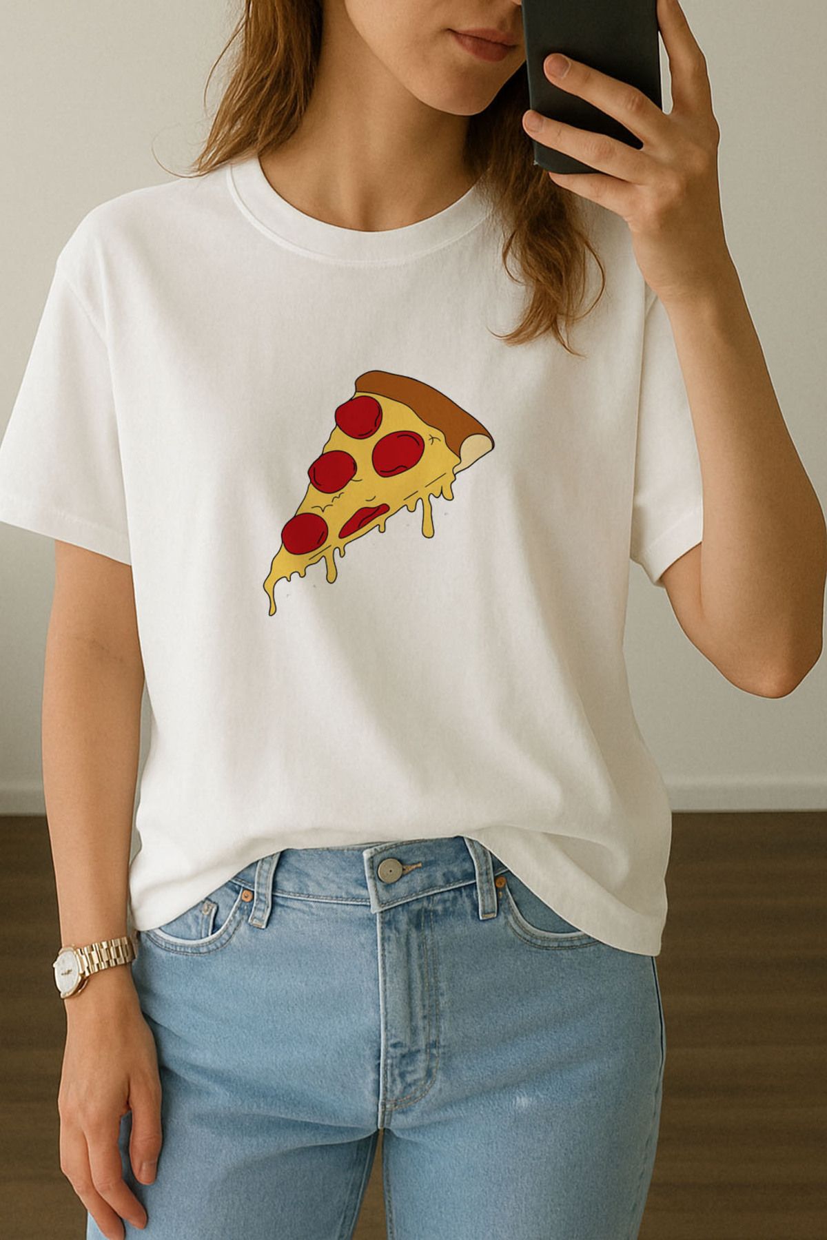 sielta Kadın Pizza Dilimi Baskılı Bisiklet Yaka Oversize Beyaz Tişört T-shirt