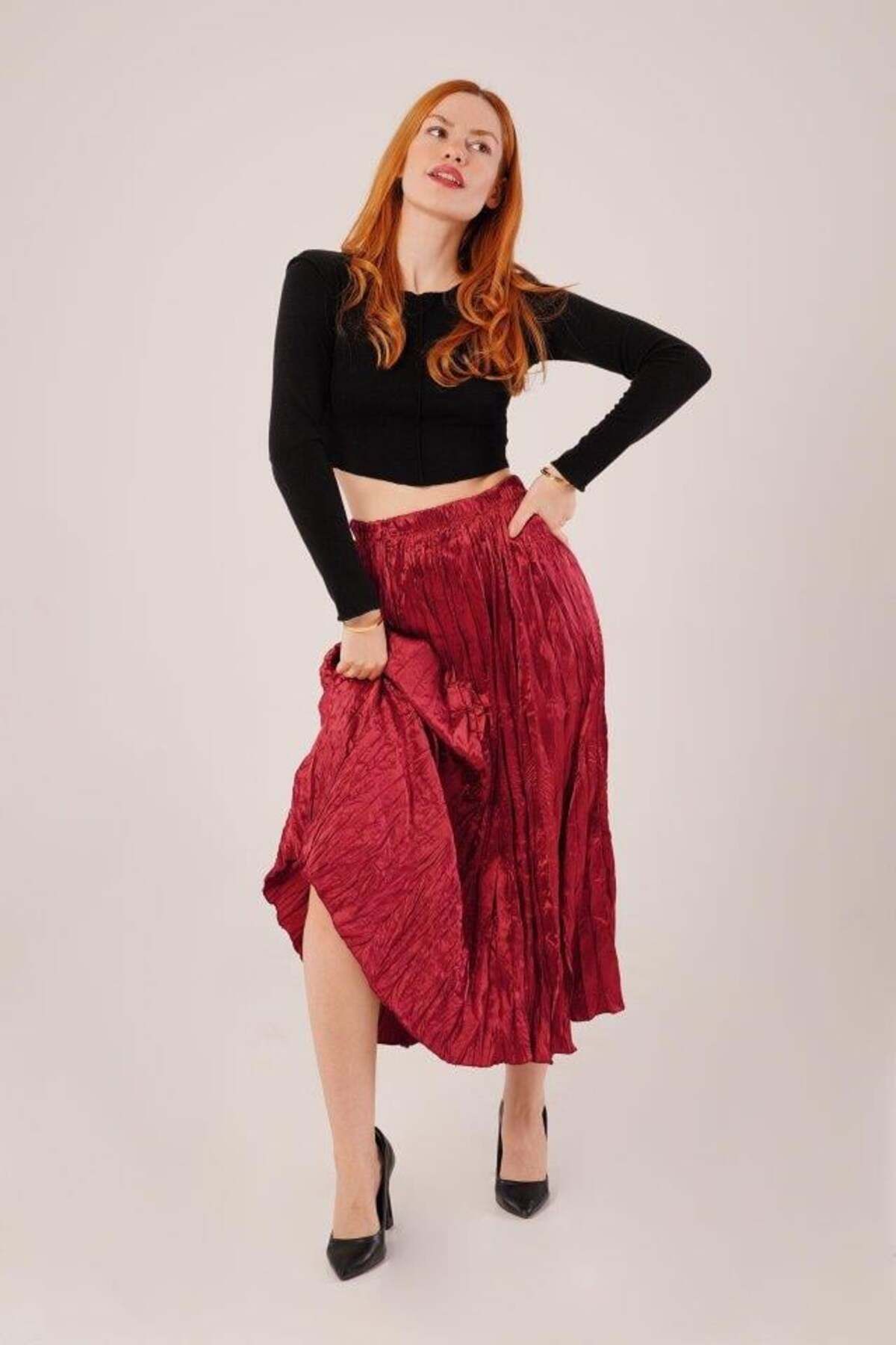 modamtn Midi Boy Pileli Saten Bordo Etek