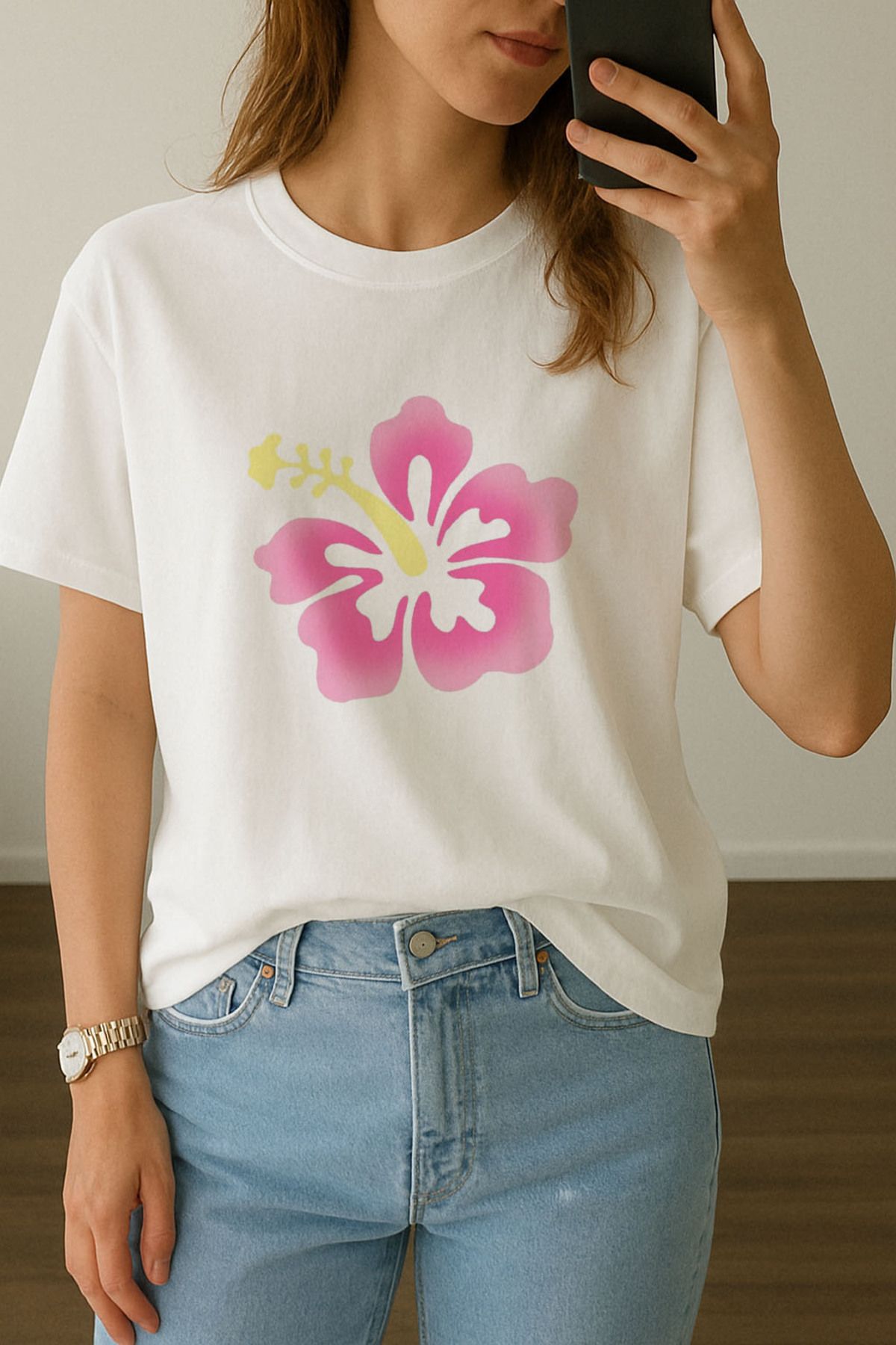 sielta Kadın Hibiscus Çiceği Baskılı Bisiklet Yaka Oversize Beyaz Tişört T-shirt