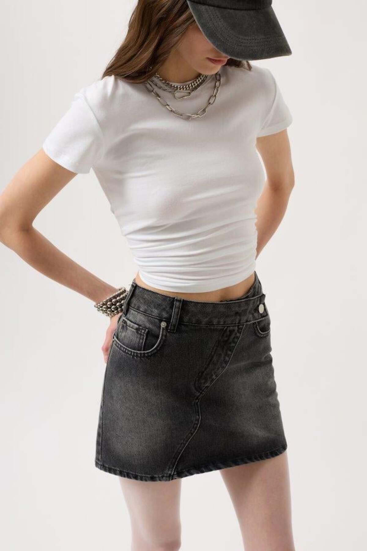 modamtn Asimetrik Kemer Denim Mini Etek