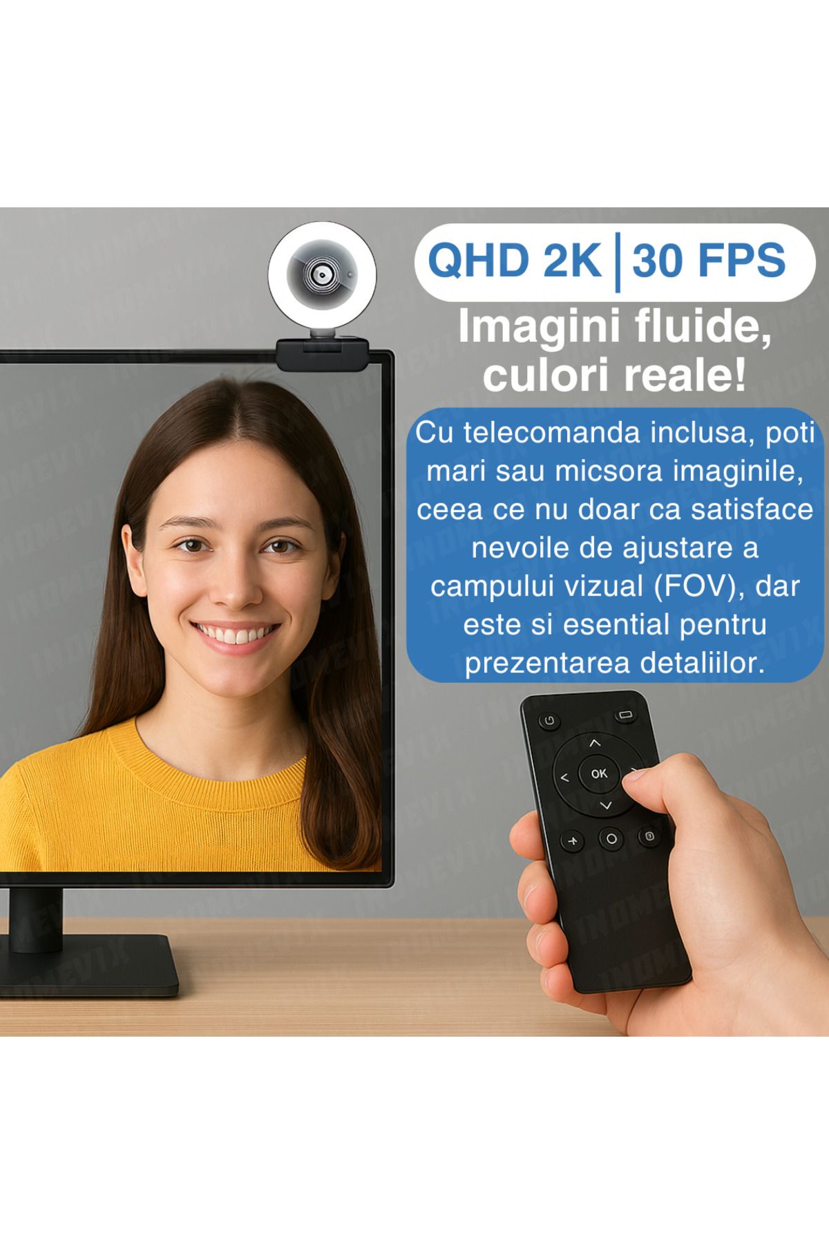 INOMEVIX-Cameră Web® 2k QHD, 4MP, microfon dual, focalizare automată, LED, capacitate mare, plug and play, cameră web 4