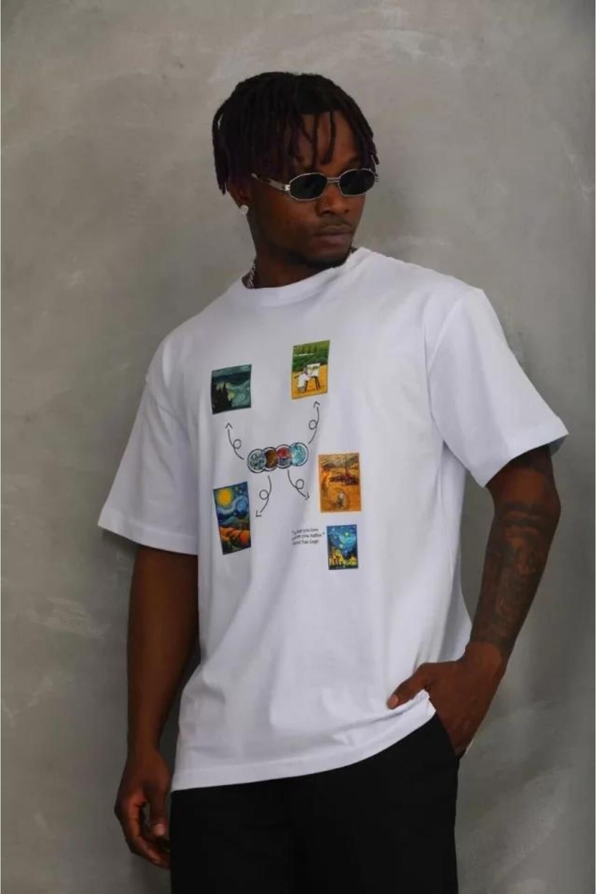 modamtn Unisex Oversize Baskılı Bisiklet Yaka T-Shirt - Beyaz