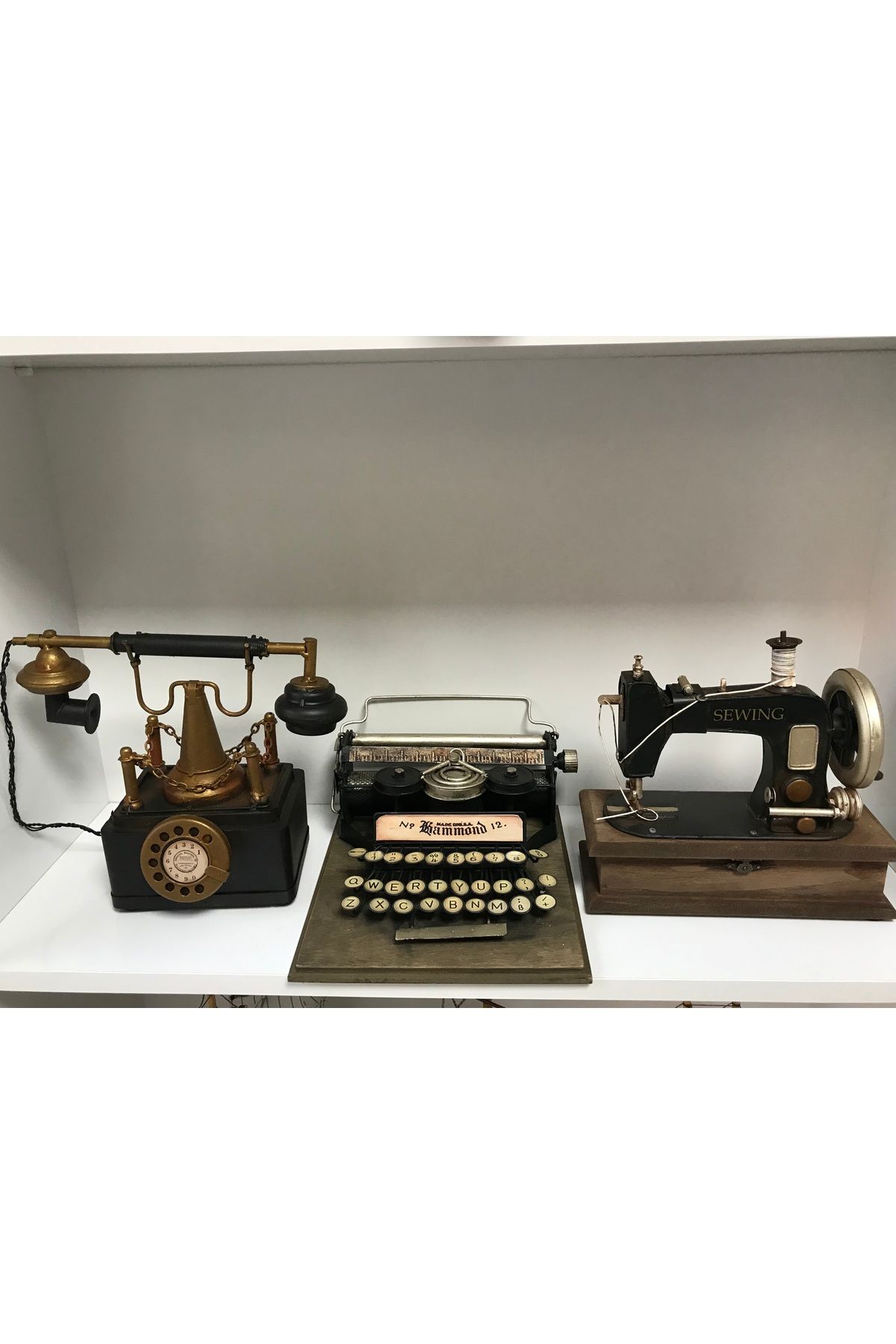 NOSTALJİM DEKORATİF METAL TELEFON, DEKORATİF METAL&TAHTA DAKTİLO, DEKORATİF METAL & TAHTA DİKİŞ MAKİNESİ