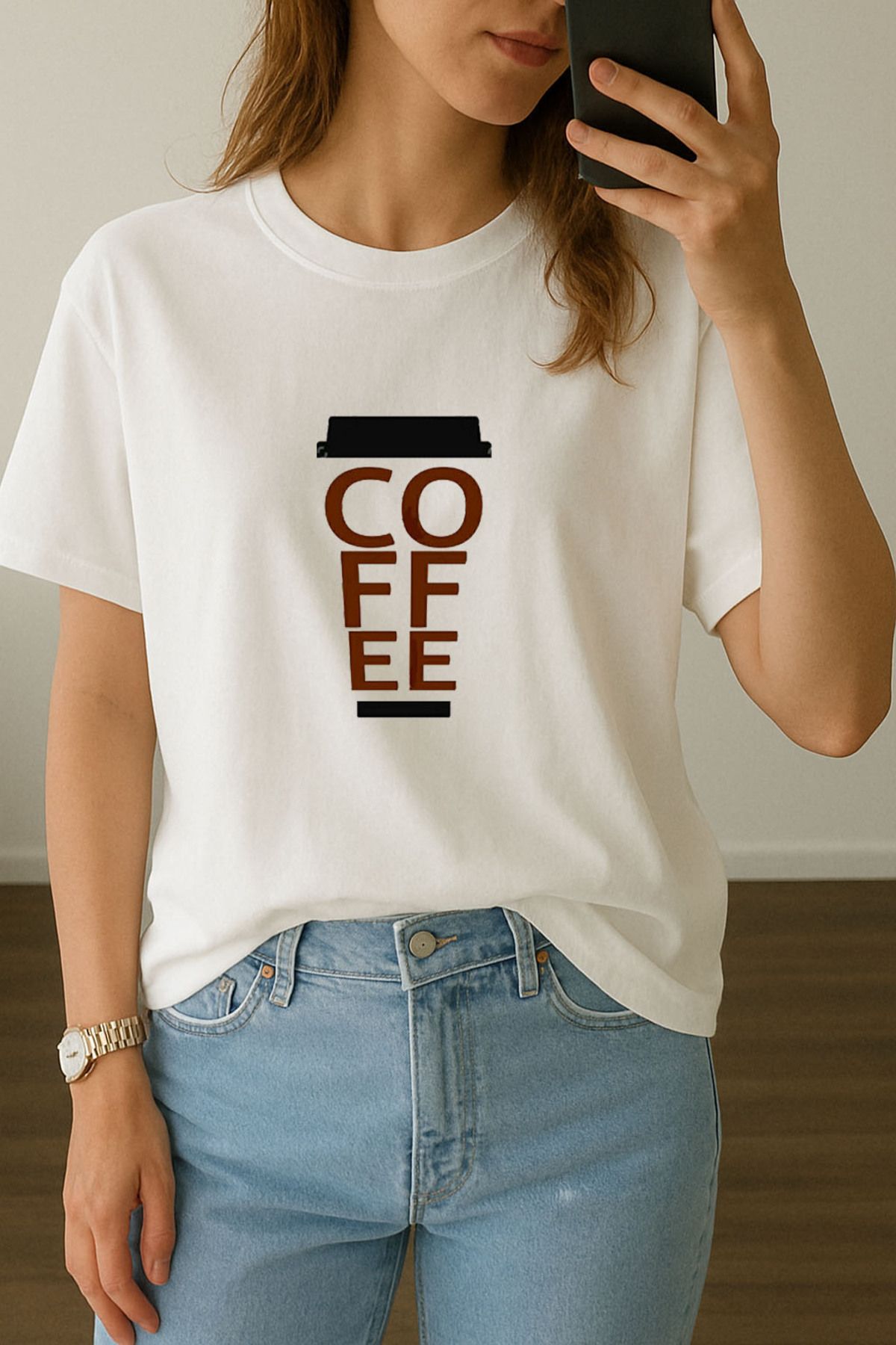 sielta Kadın Kahve Coffee Baskılı Bisiklet Yaka Oversize Beyaz Tişört T-shirt