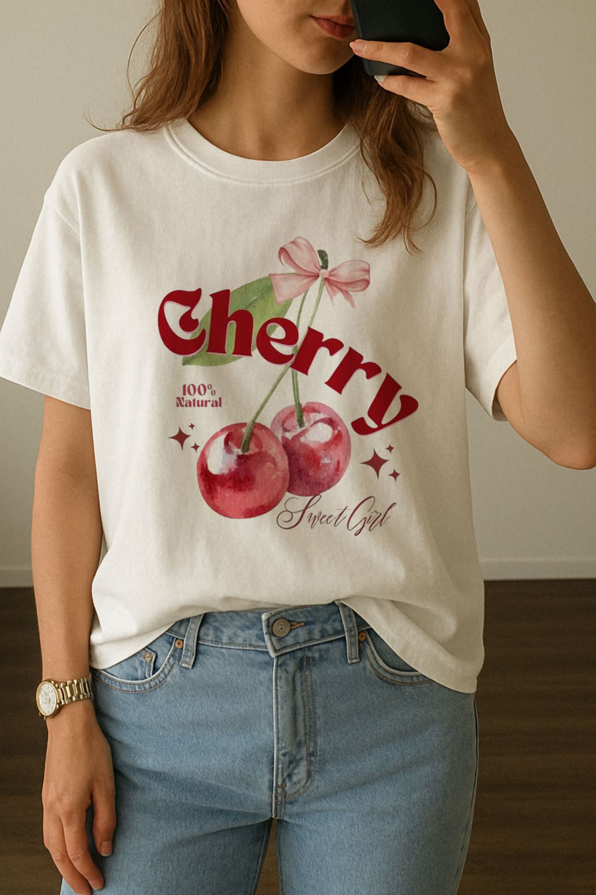 sielta Kadın Cherries Cherry Kiraz Baskılı Bisiklet Yaka Oversize Beyaz Tişört T-shirt