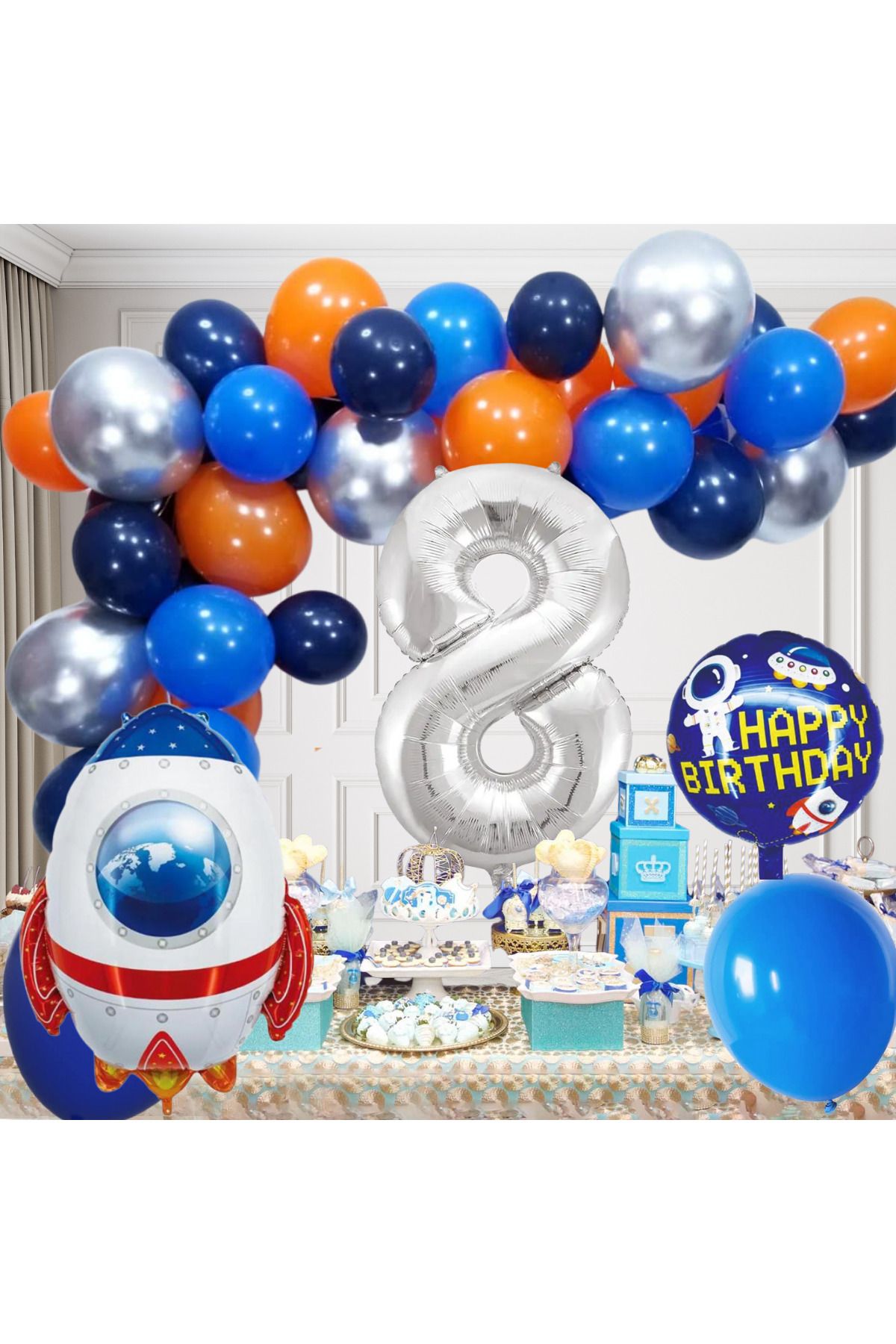 tedaks 8 Yaş Uzay Temalı Doğum Günü Seti Uzay Mekiği Happy Birthday Yazı Renkli Balonlar Gümüş Folyo Rakam