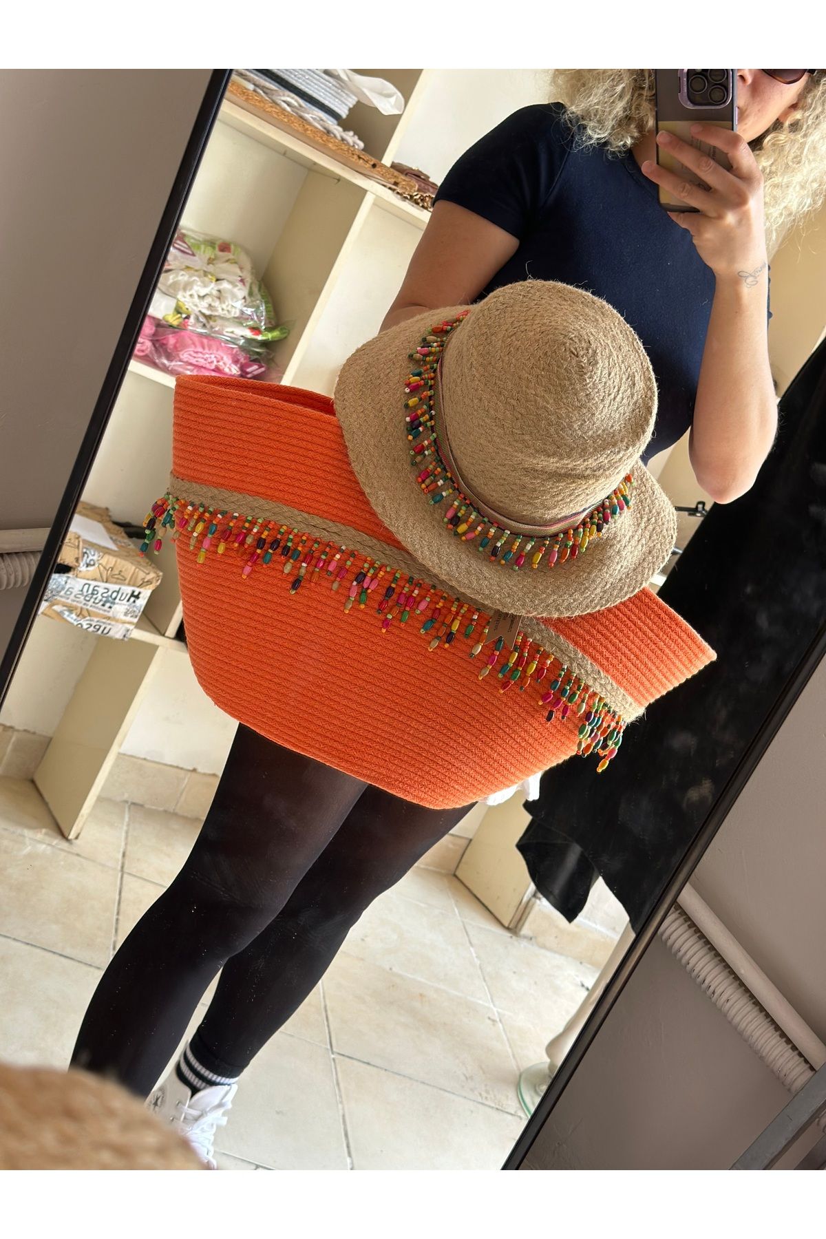 Little Sunshine Design Plaj Çantası, Jüt Çanta Şapka Takım, Kordon İp Çanta Set