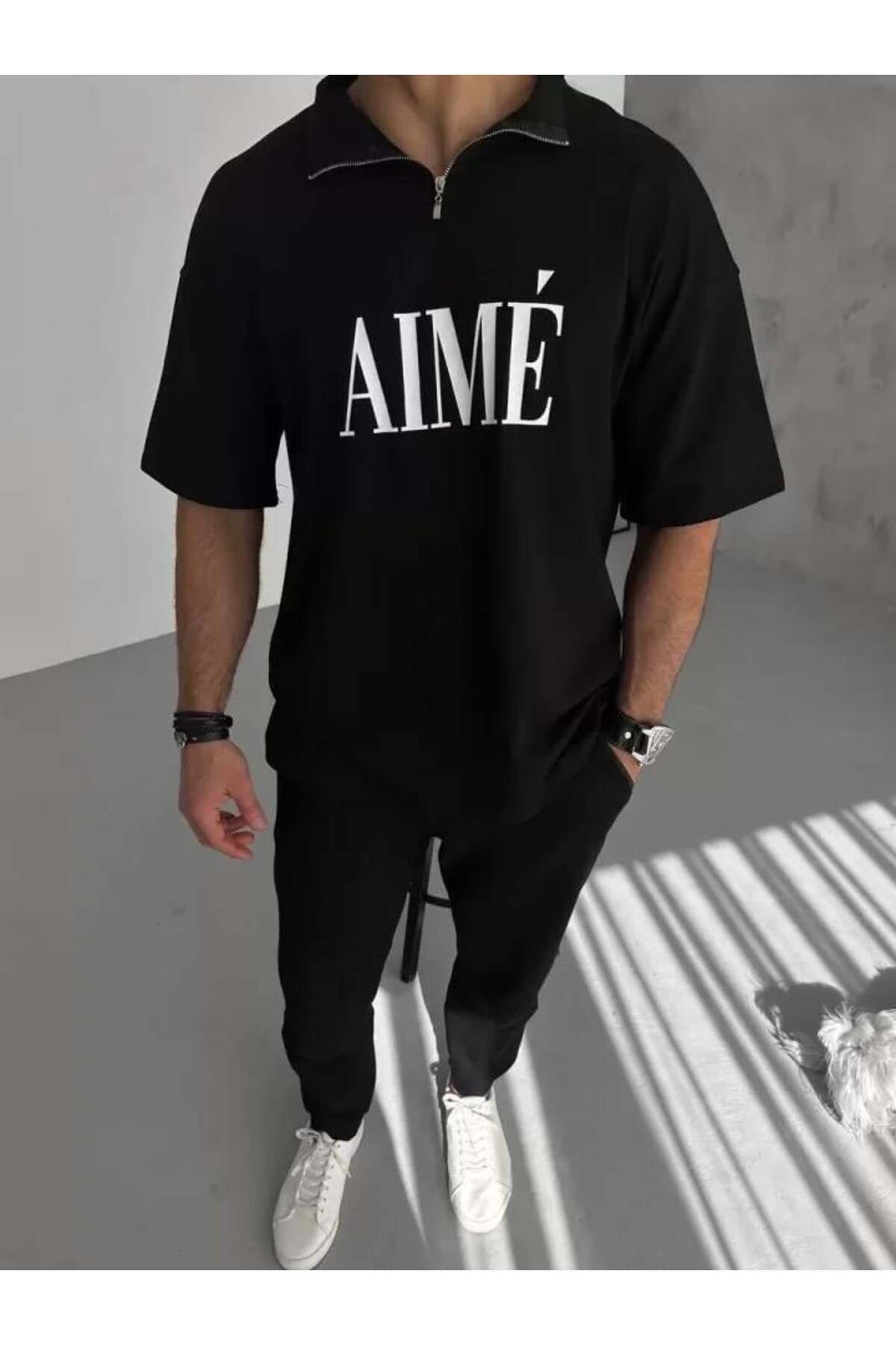 modamtn Unisex Yarım Fermuarlı Baskılı T-Shirt - Siyah