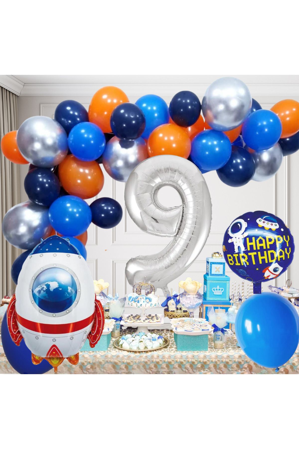 tedaks 9 Yaş Uzay Temalı Doğum Günü Seti Uzay Mekiği Happy Birthday Yazı Renkli Balonlar Gümüş Folyo Rakam