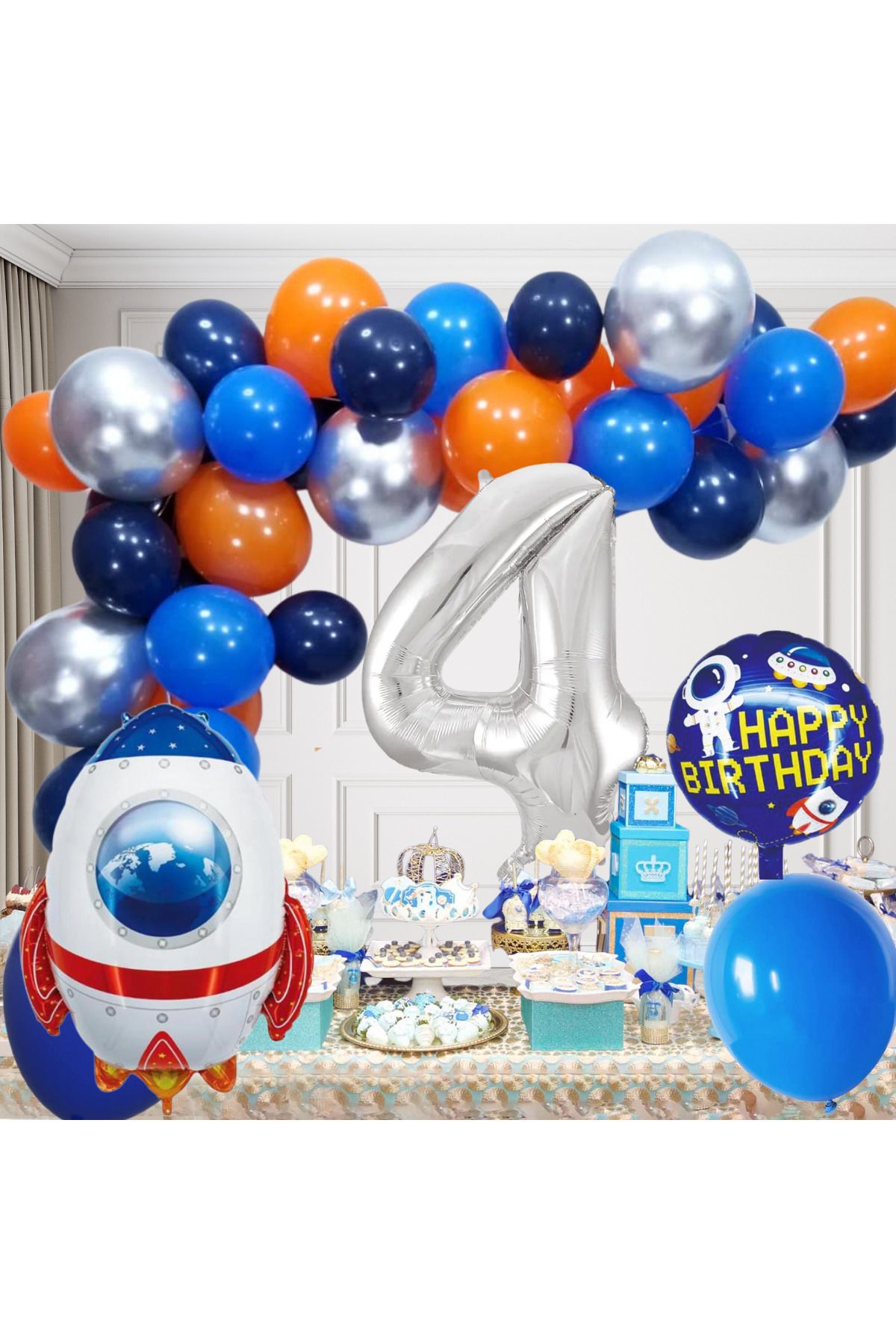 tedaks 4 Yaş Uzay Temalı Doğum Günü Seti Uzay Mekiği Happy Birthday Yazı Renkli Balonlar Gümüş Folyo Rakam