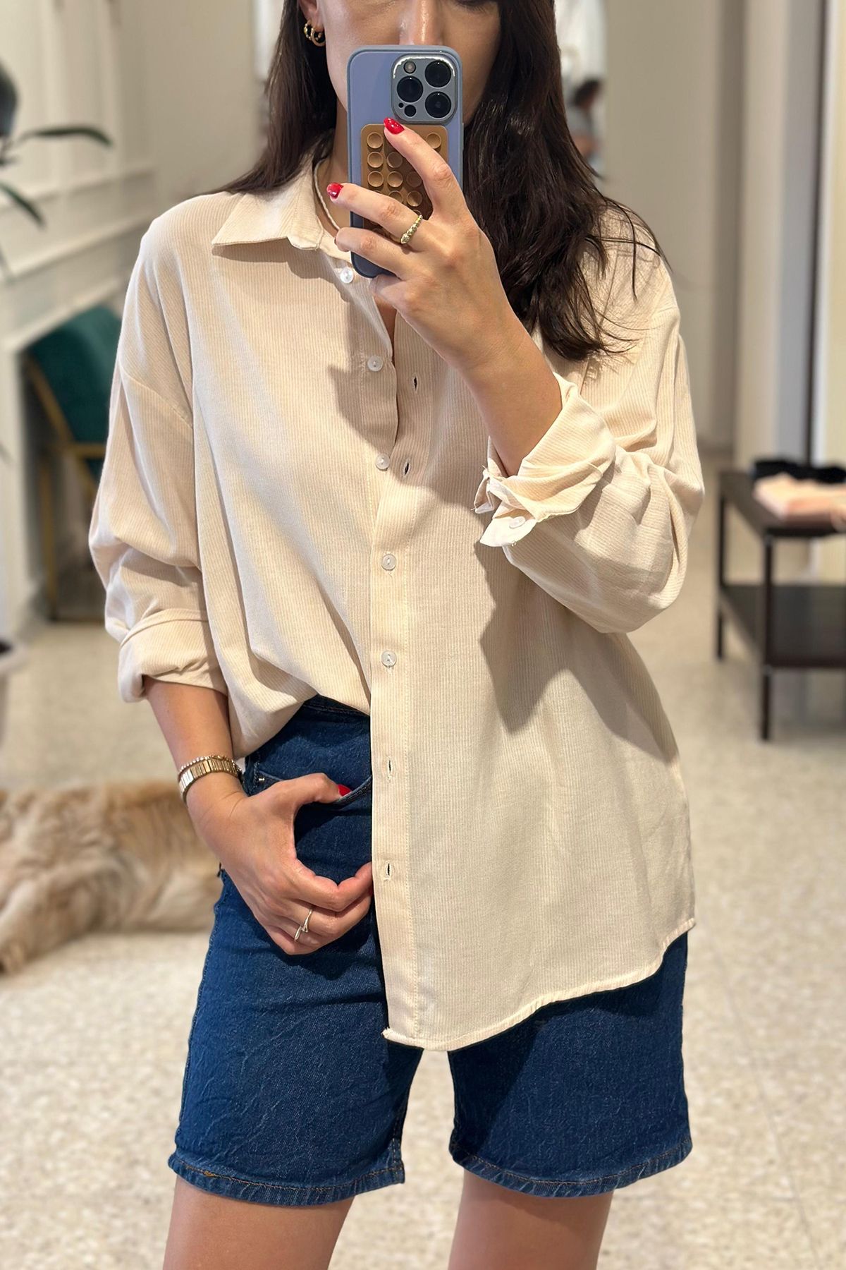 Unique Boutique Pudra Rengi Çizgili %100 Pamuklu Gömlek