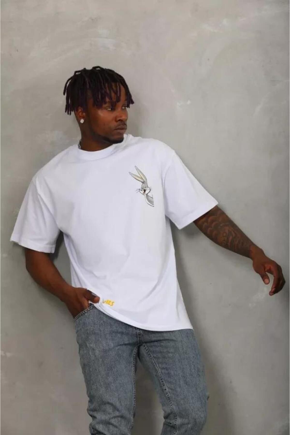 modamtn Unisex Oversize Baskılı Bisiklet Yaka T-Shirt - Beyaz