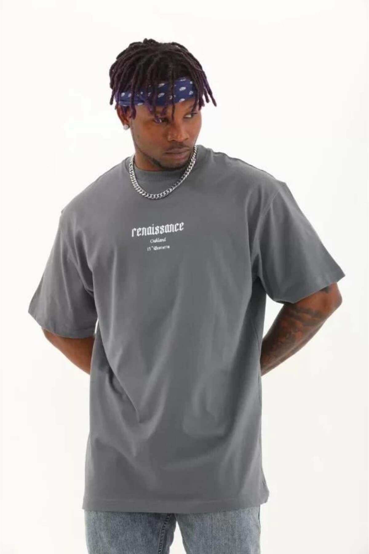 modamtn Unisex Oversize Baskılı Bisiklet Yaka T-Shirt - Füme
