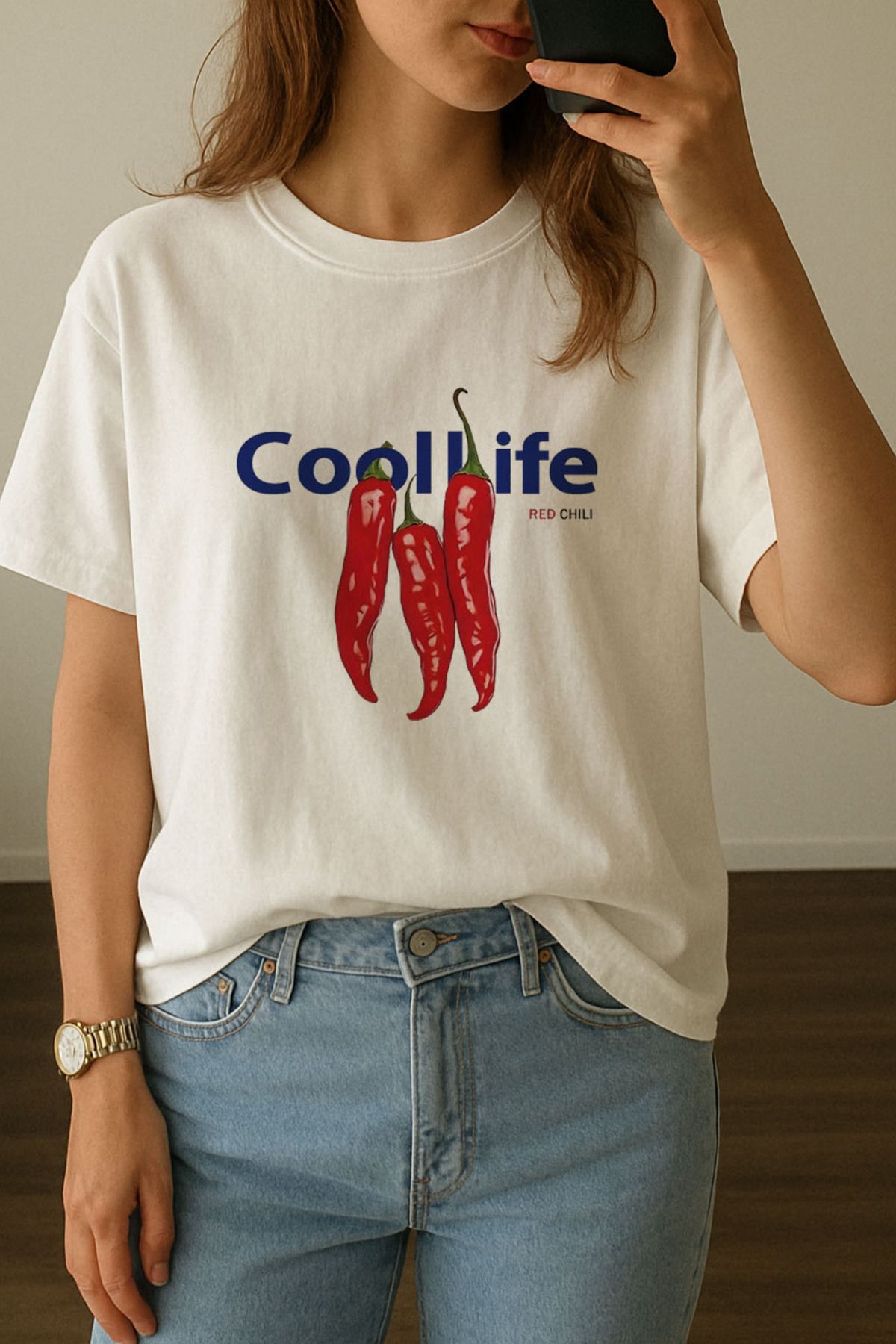 sielta Kadın Spicy Life Kırmızı Biber Baskılı Bisiklet Yaka Oversize Beyaz Tişört T-shirt