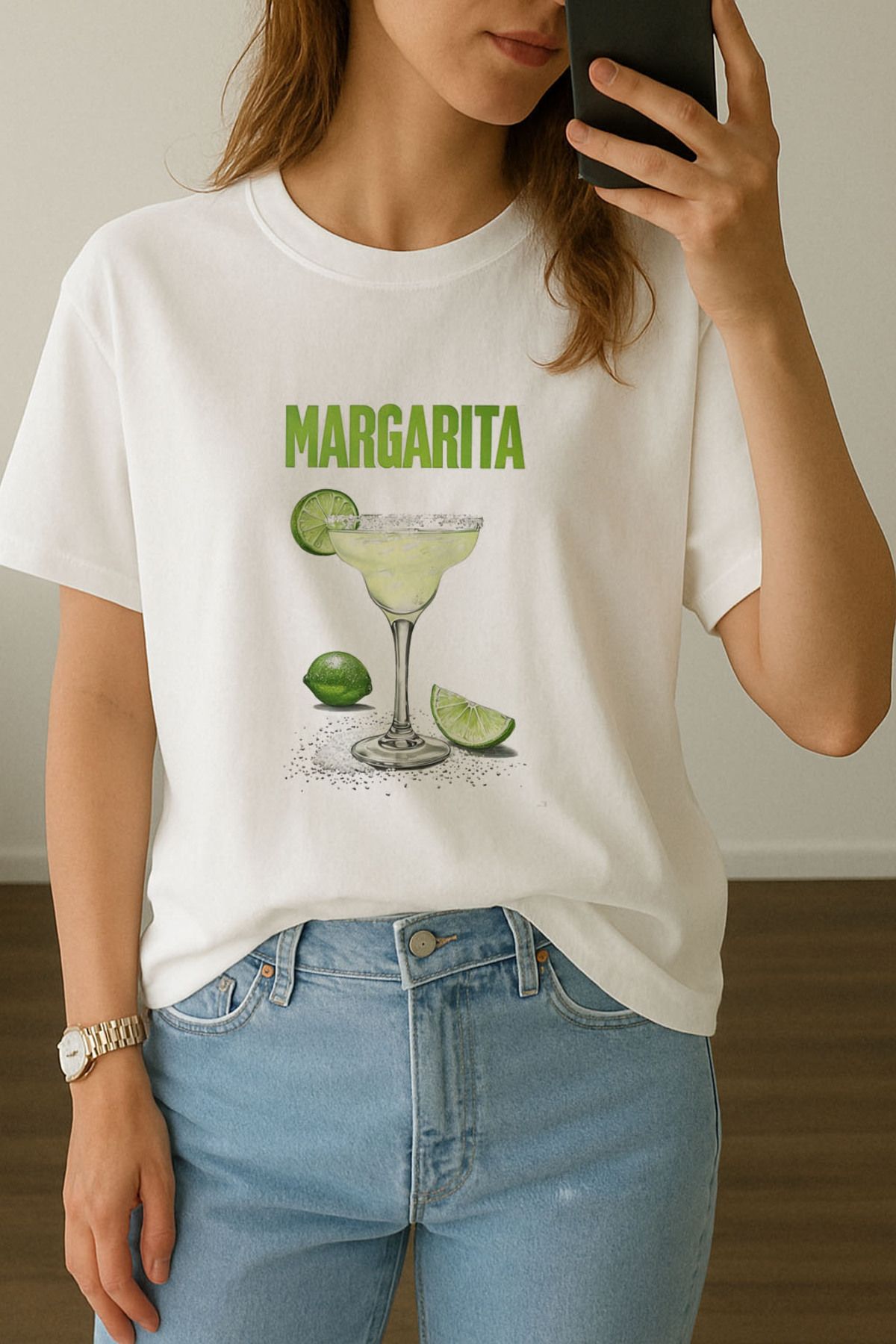 sielta Kadın Margarita Baskılı Bisiklet Yaka Oversize Beyaz Tişört T-shirt