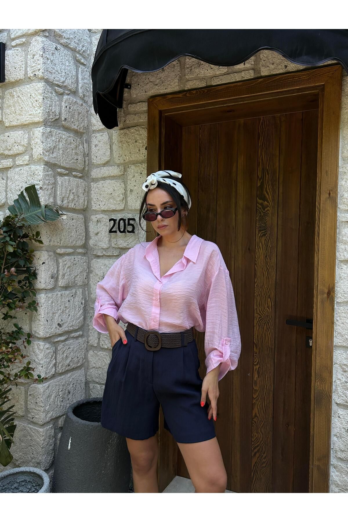 minaaise Kadın Pembe Viskon Kumaş Apoletli Transparan Oversize Gömlek 29240