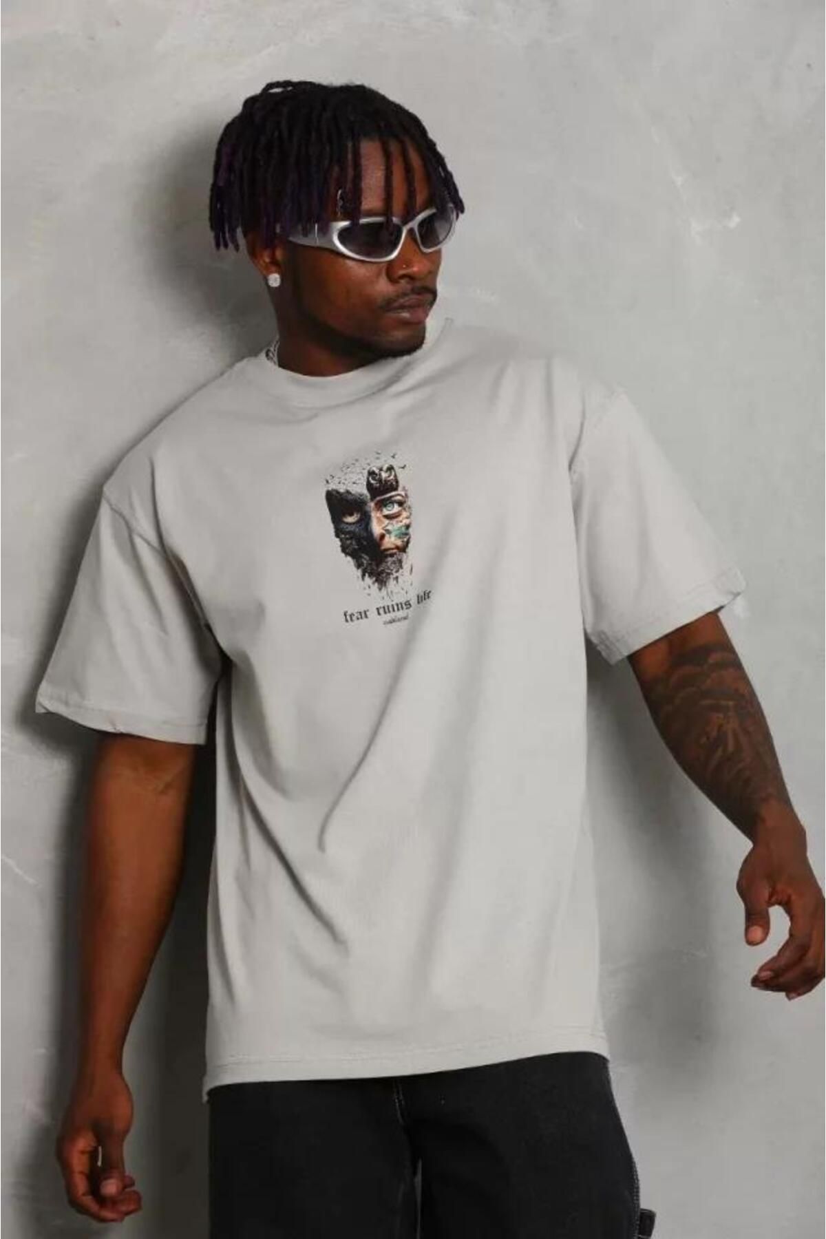 modamtn Unisex Oversize Baskılı Bisiklet Yaka T-Shirt - Gri