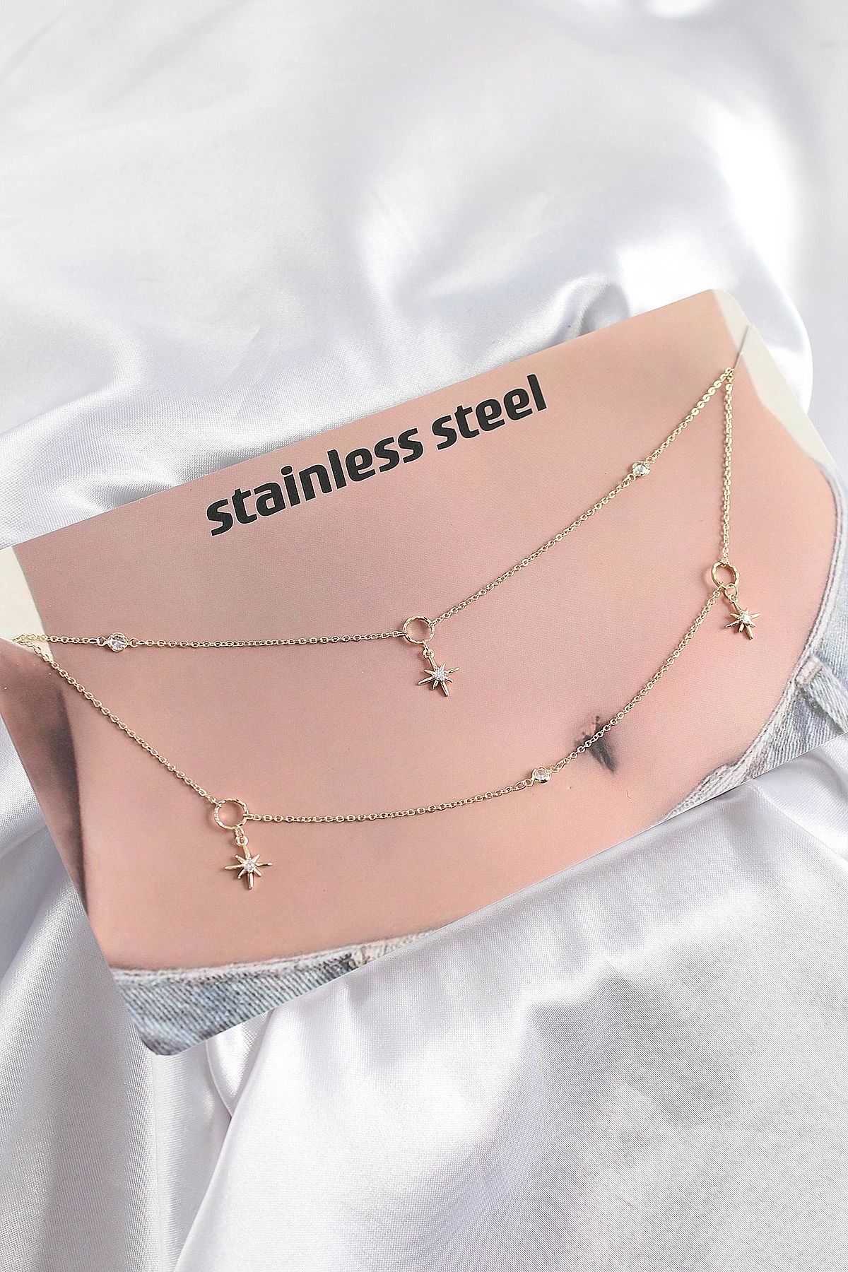 Clariss 316L Çelik Zirkon Taşlı Kutup Yıldızı Model Gold Renk Göbek Zinciri