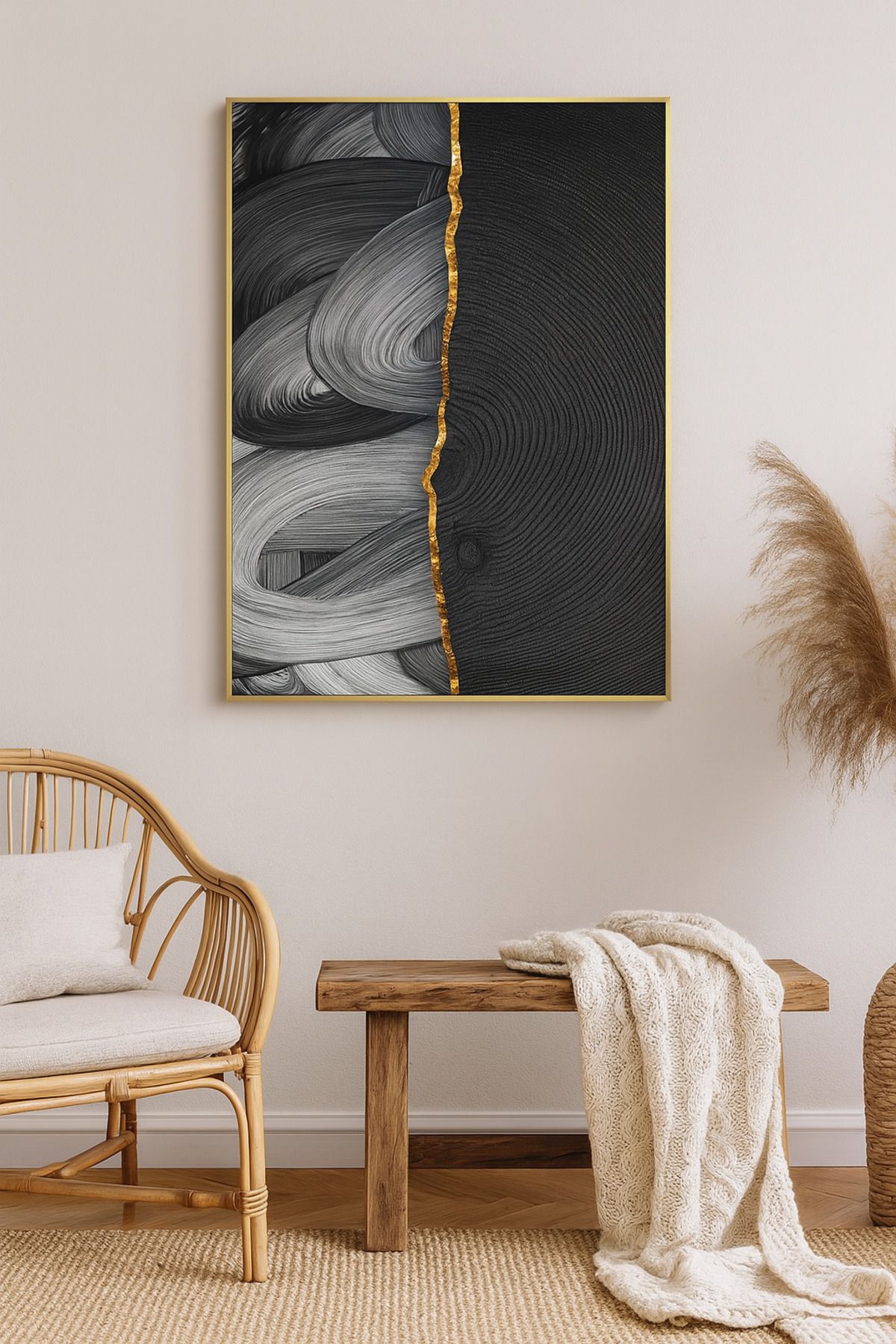 seninürünün Altın İz - Gerçek Cama Baskı Gold Alüminyum Metal Çerçeveli Tekli Modern Tablo