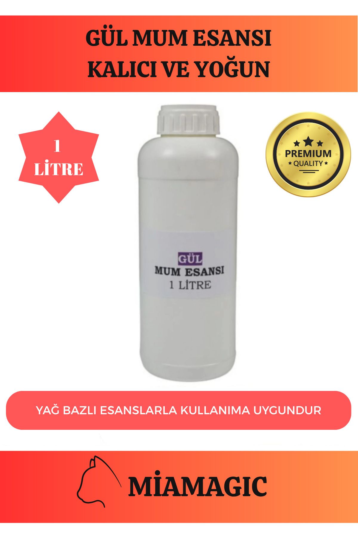 Miamagic Özel Üretim 1 LT Yoğun Yağ Bazlı Tüm Ürünlerle Kullanıma Uygun Kalıcı Gül Mum Esansı