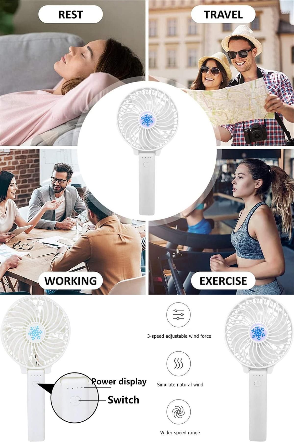 Midday ❄️ Kar Tanesi Logolu Mini El Fanı USB Şarjlı, Sessiz, 3 Kademe Ayarlı Kompakt Dekoratif Serinletici