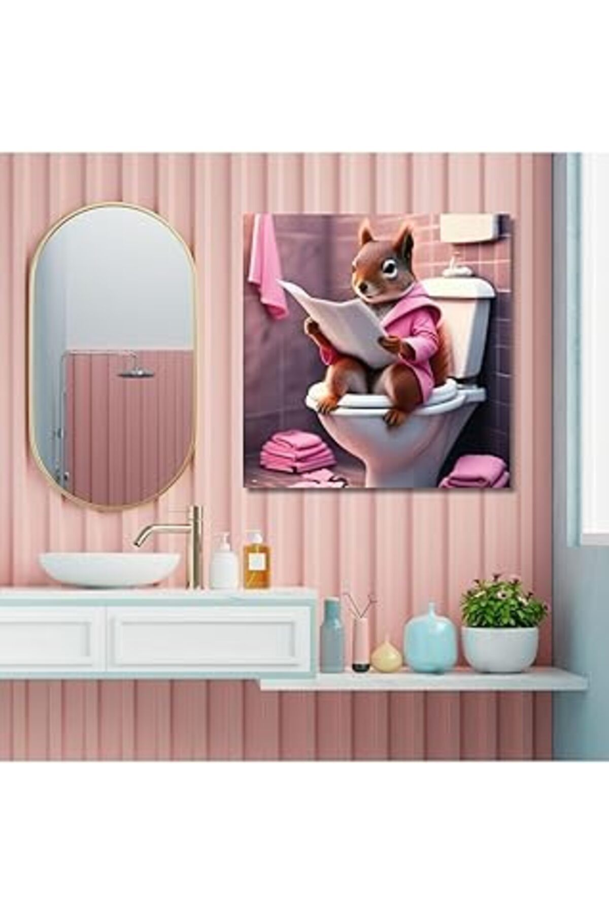 Pazarcan Gaagart Tekli Kare Kanvas Banyo Tablosu Gazete Okuyan Bornozlu Sincap, 20 X 20