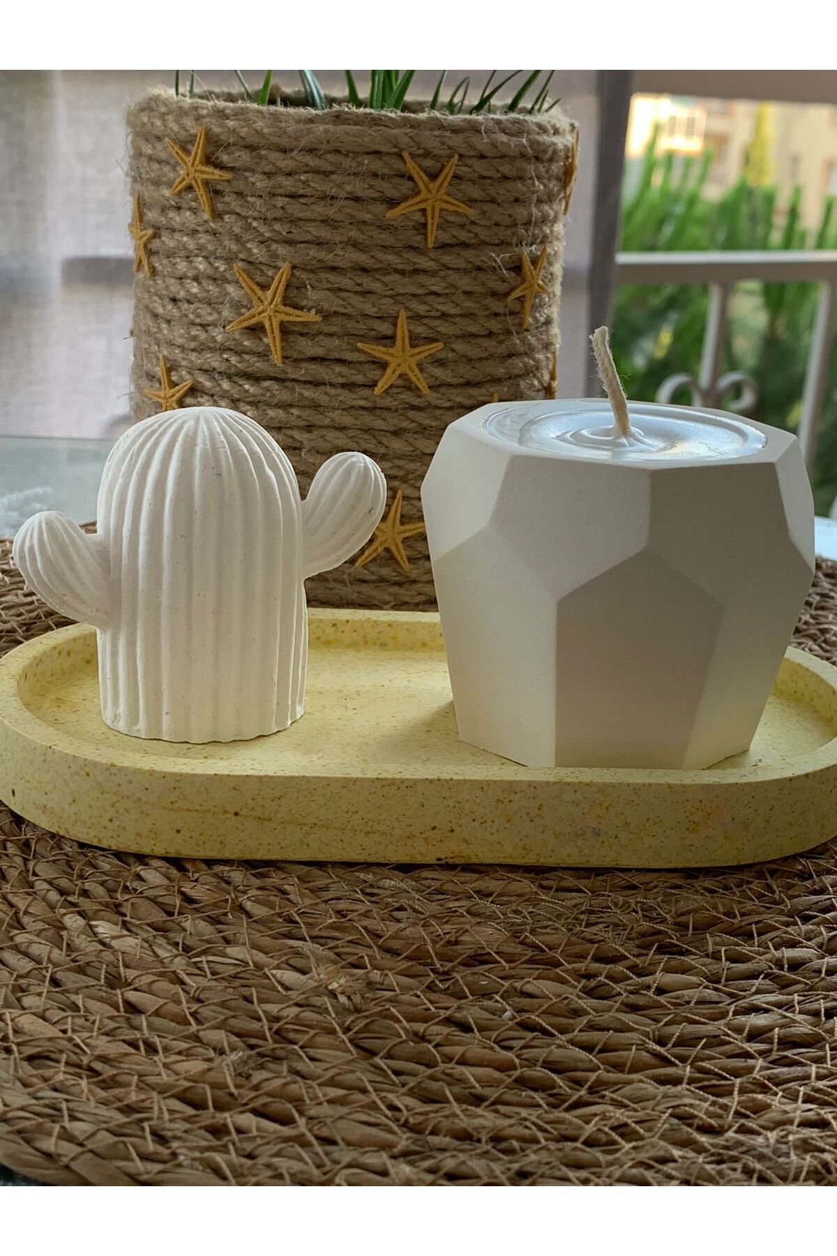T M DESIGN HOUSE 3lü Sarı Özel Tasarım Mum ve Vazo Aksesuar