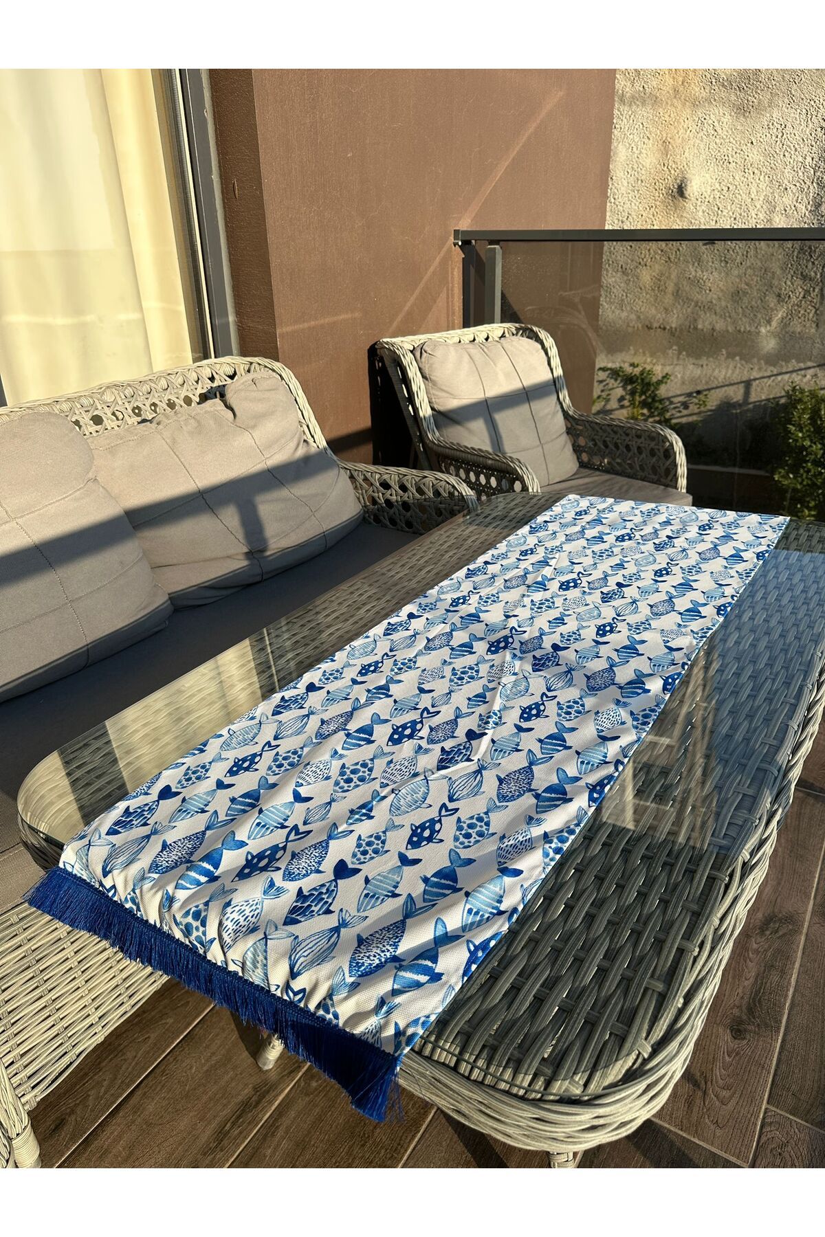Karam Home 135X43 cm Püsküllü Saks Mavi Balıklar Baskılı Runner