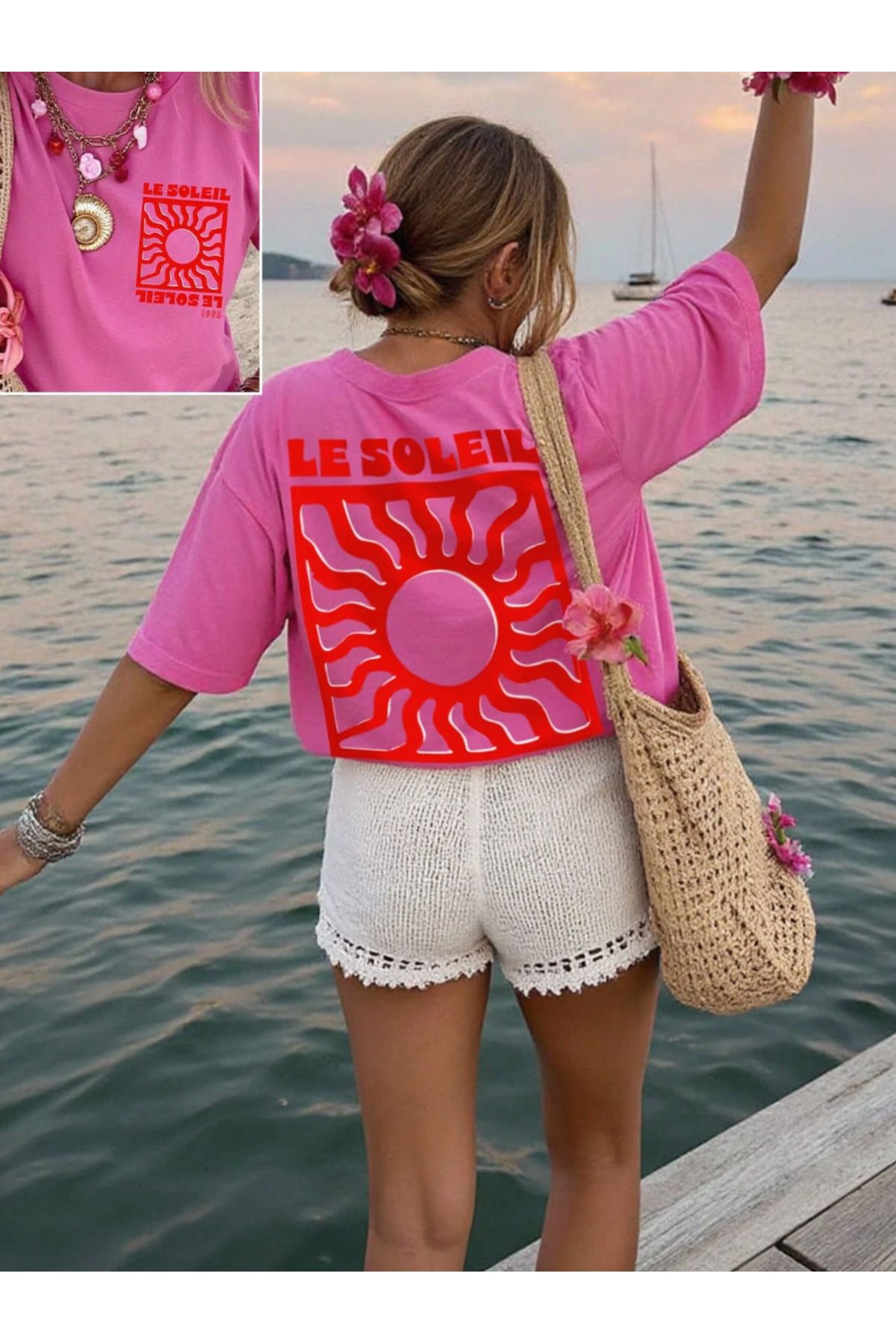 LAYORA LE SOLEIL Yazılı Güneş Baskılı Oversize Pembe Kadın Tişört