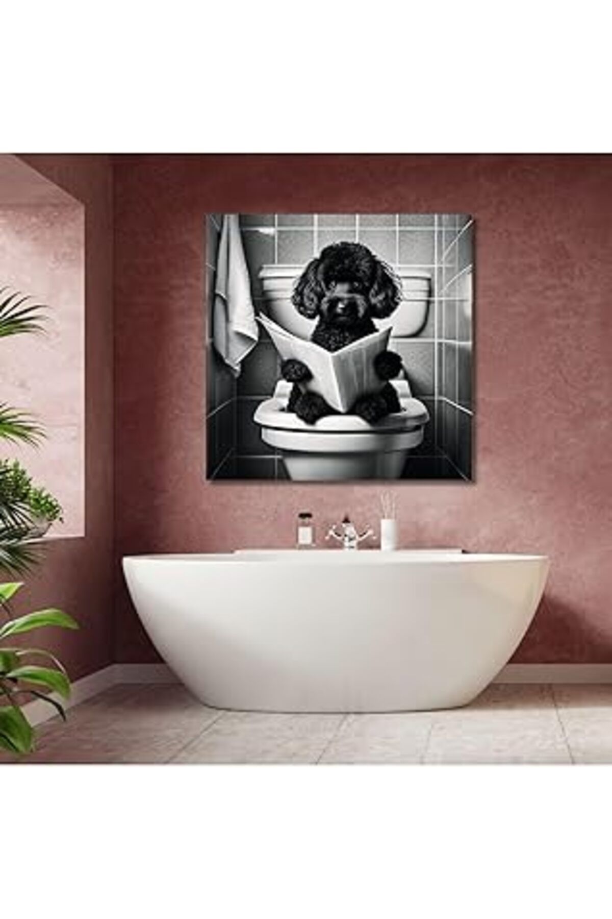 Pazarcan Gaagart Tekli Kanvas Banyo Tablosu Gazete Okuyan Siyah Poodle, 50 X 50