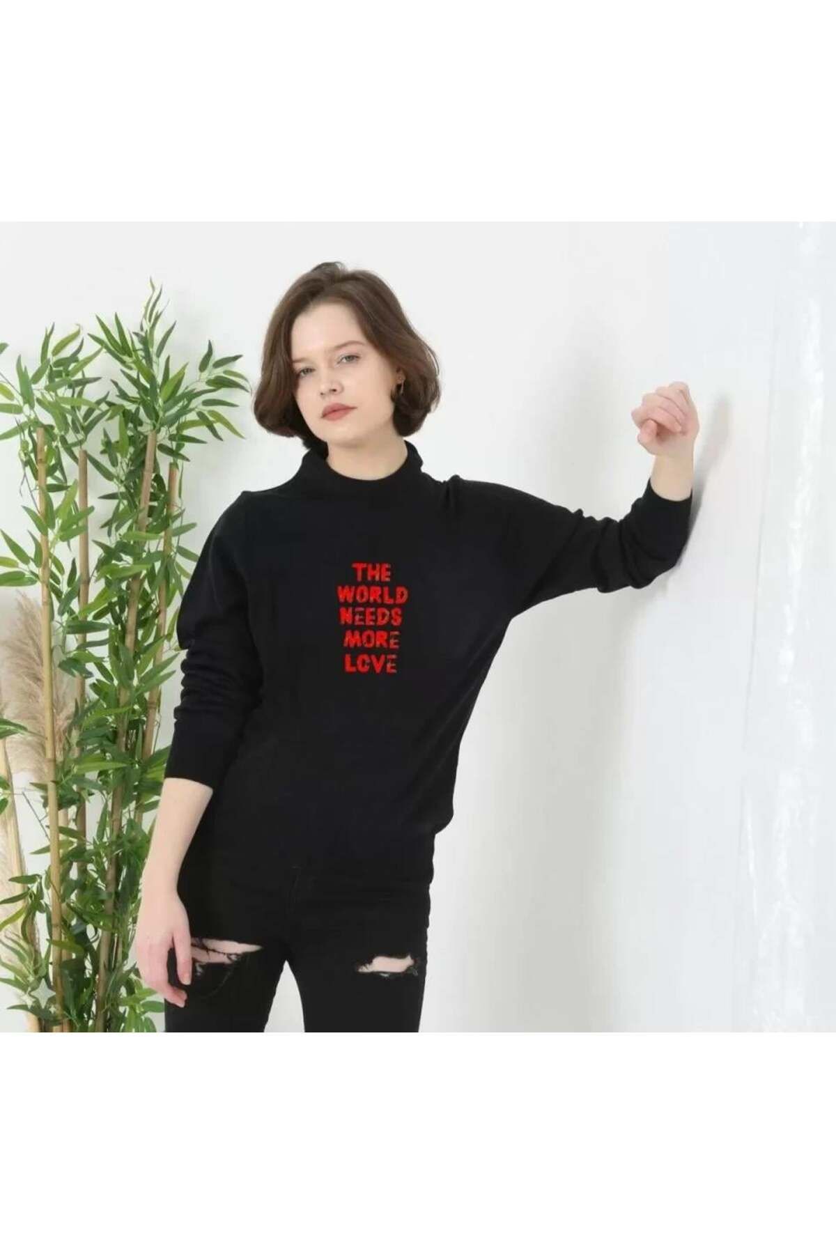 modamtn Unisex Bisiklet Yaka Baskılı Dokuma Triko - Siyah