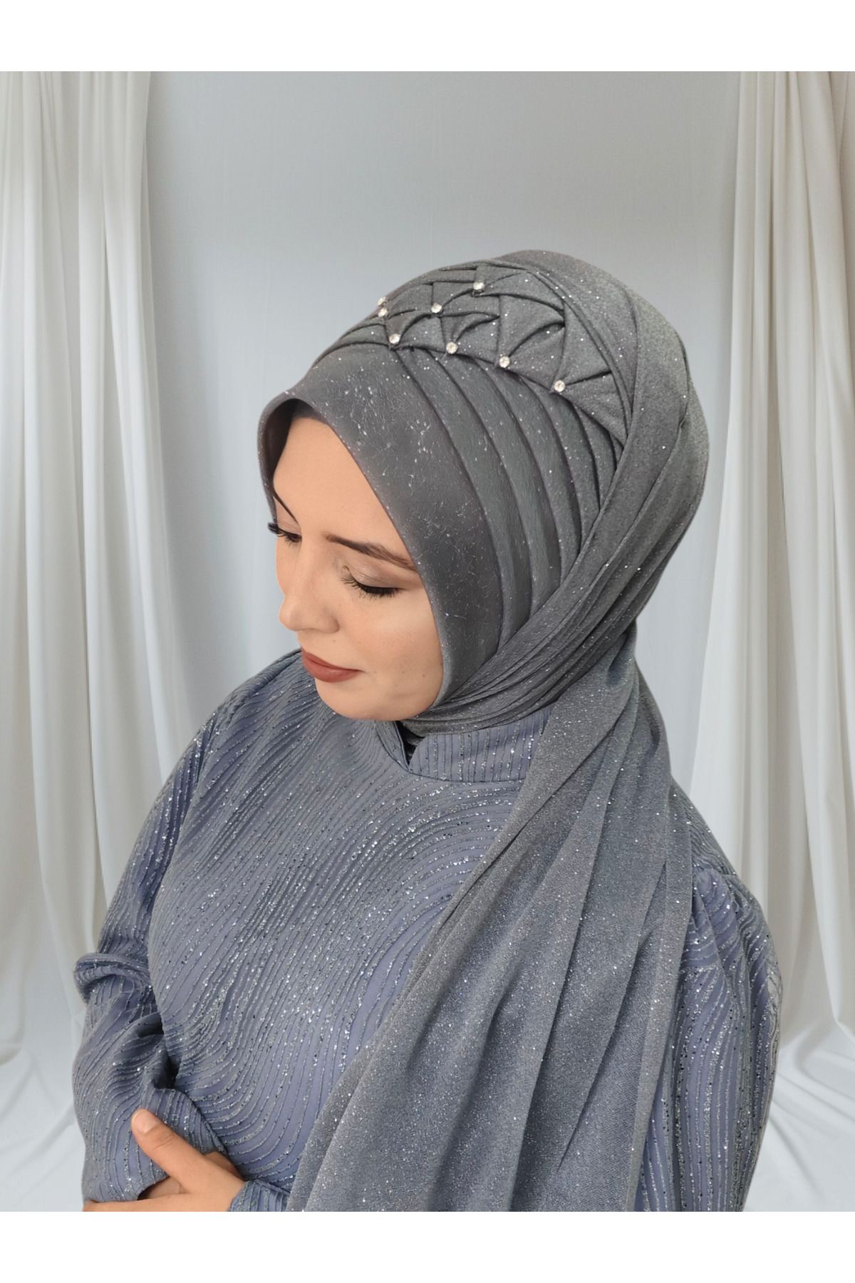 Nuray hazır duvak Antrasit koyu gri Zümra model hazır duvak hazır şal hazır türban