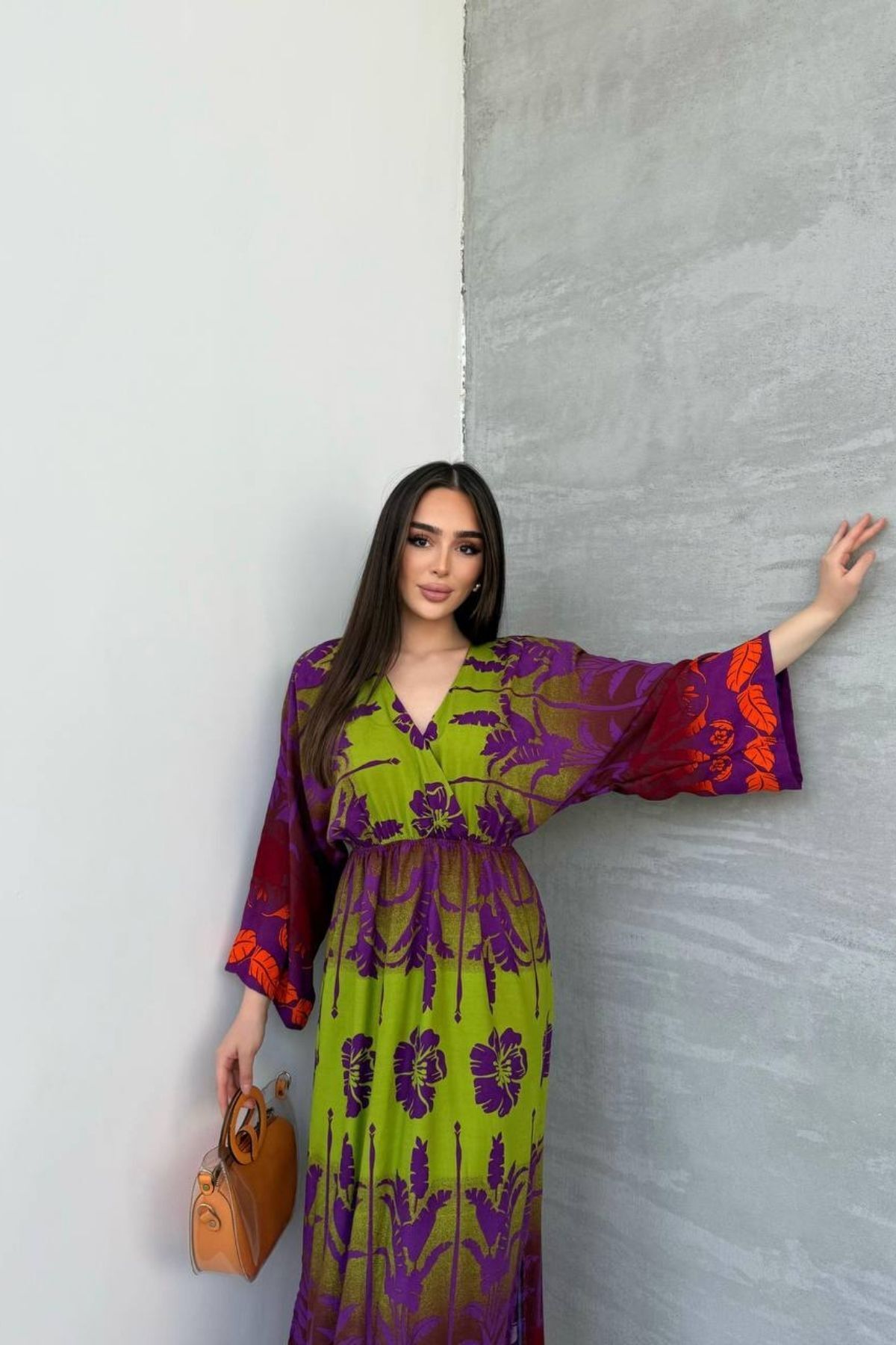 Mezka Uzun Kollu Kruvaze Yaka Çok Renk Desenli Kadın Elbise