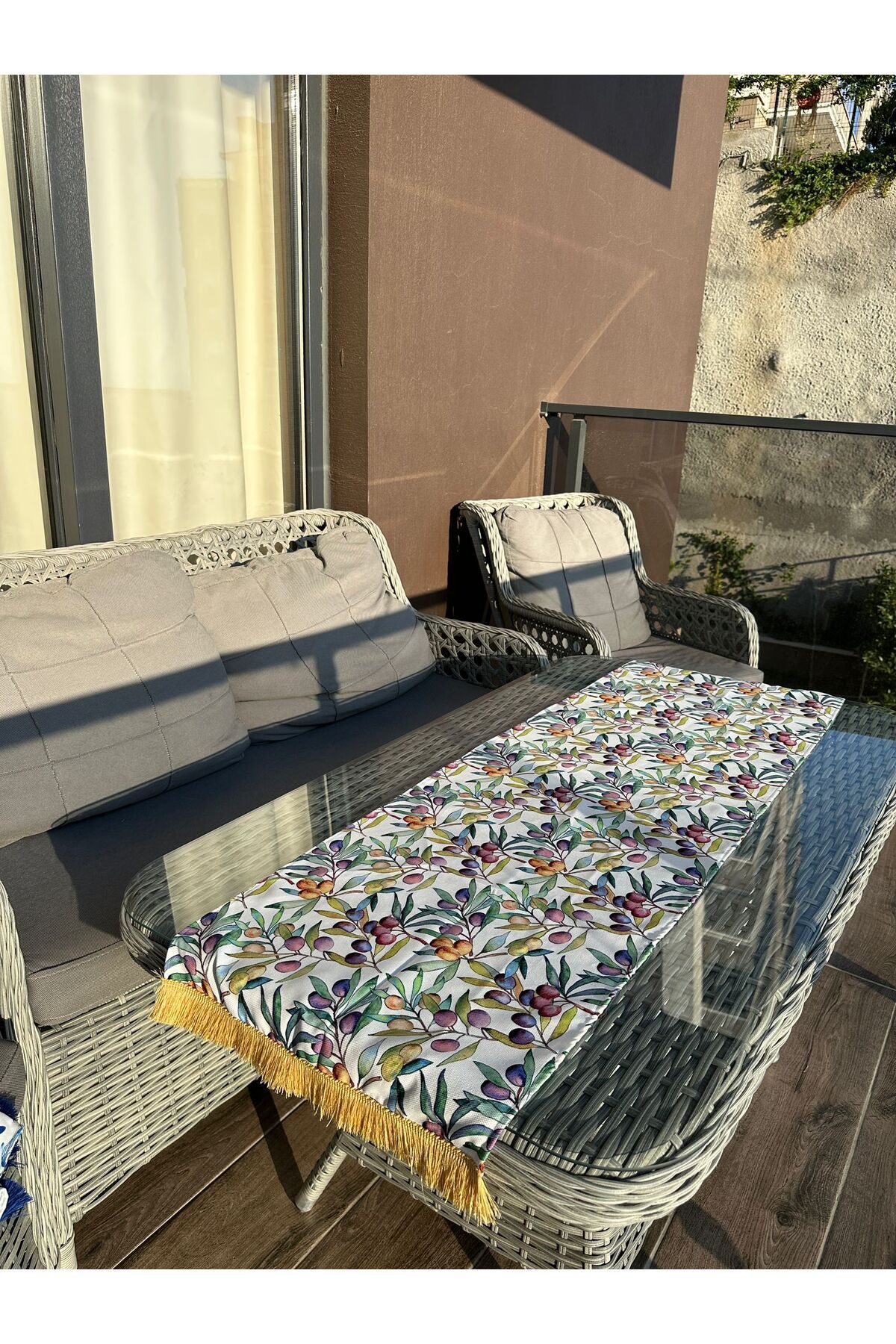Karam Home 135X43 cm Sarı Püsküllü Zeytin Baskılı Runner