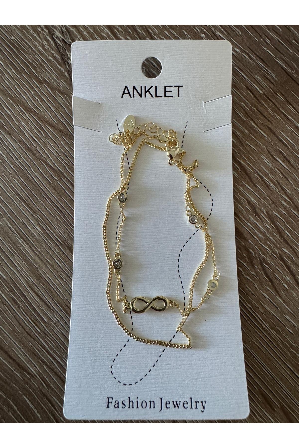 misstakıjewerly ÇELİK GOLD RENK İKİLİ ZİNCİRLİ SONSUZLUK DETAYLI HALHAL