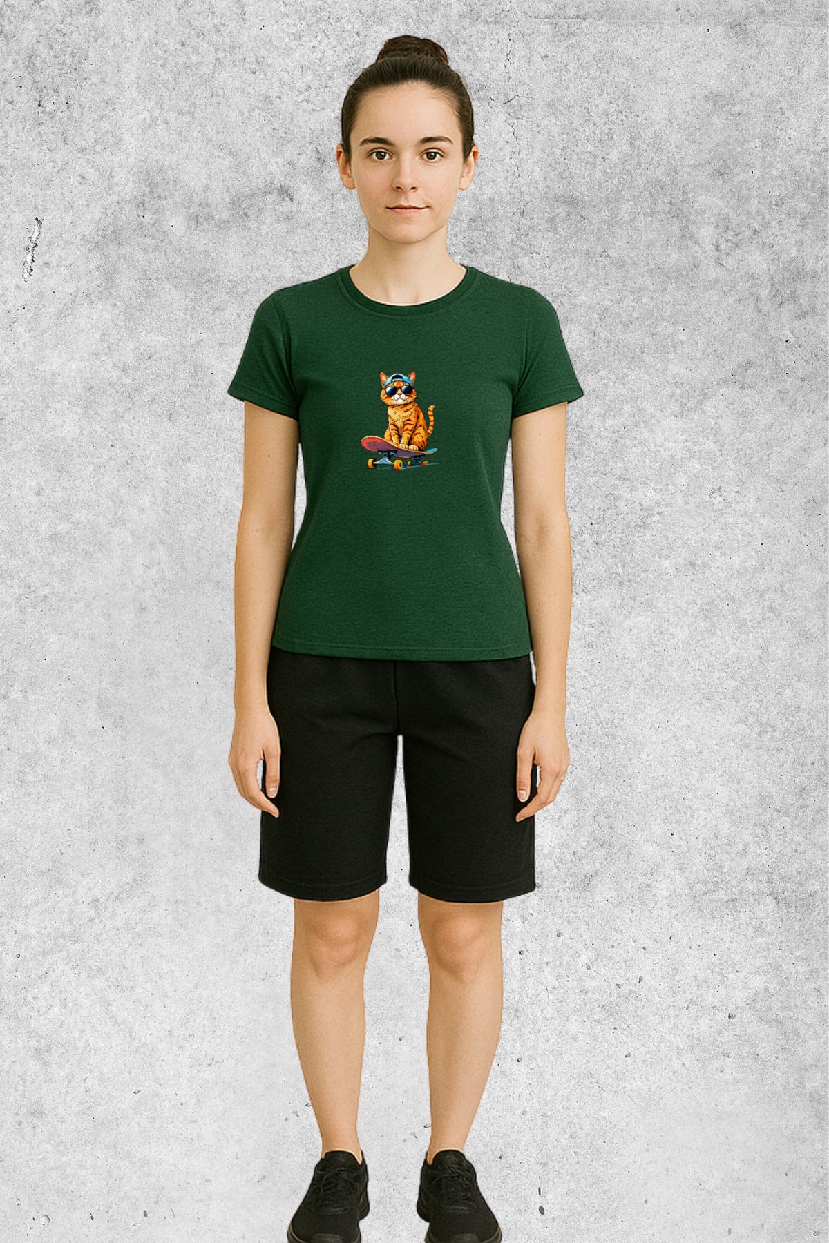 MOLICO Basic Unisex sıfır yaka kısa kollu KAYKAYLI KEDİ BASKILI TSHİRT