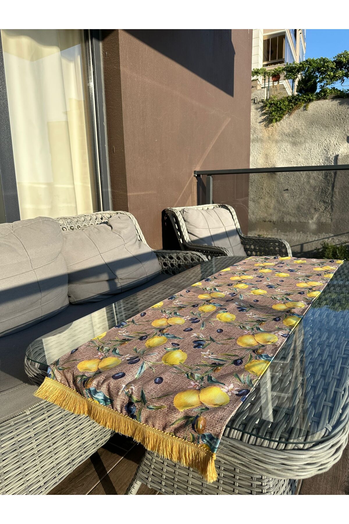 Karam Home 135X43 cm Zeytin ve Limon Baskılı Püsküllü Runner