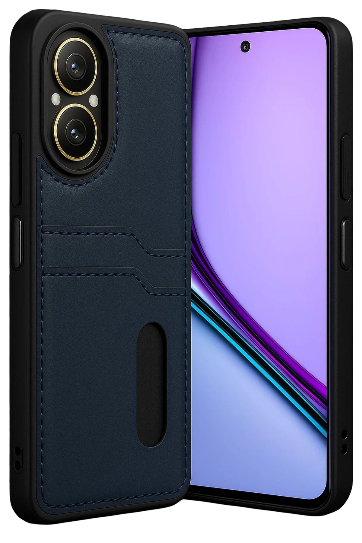 cepmoda Realme 12 LiTE | SARA Kartlıklı Telefon Kılıfı Lüx Deri Kaplama Arka Kapak | LACİVERT