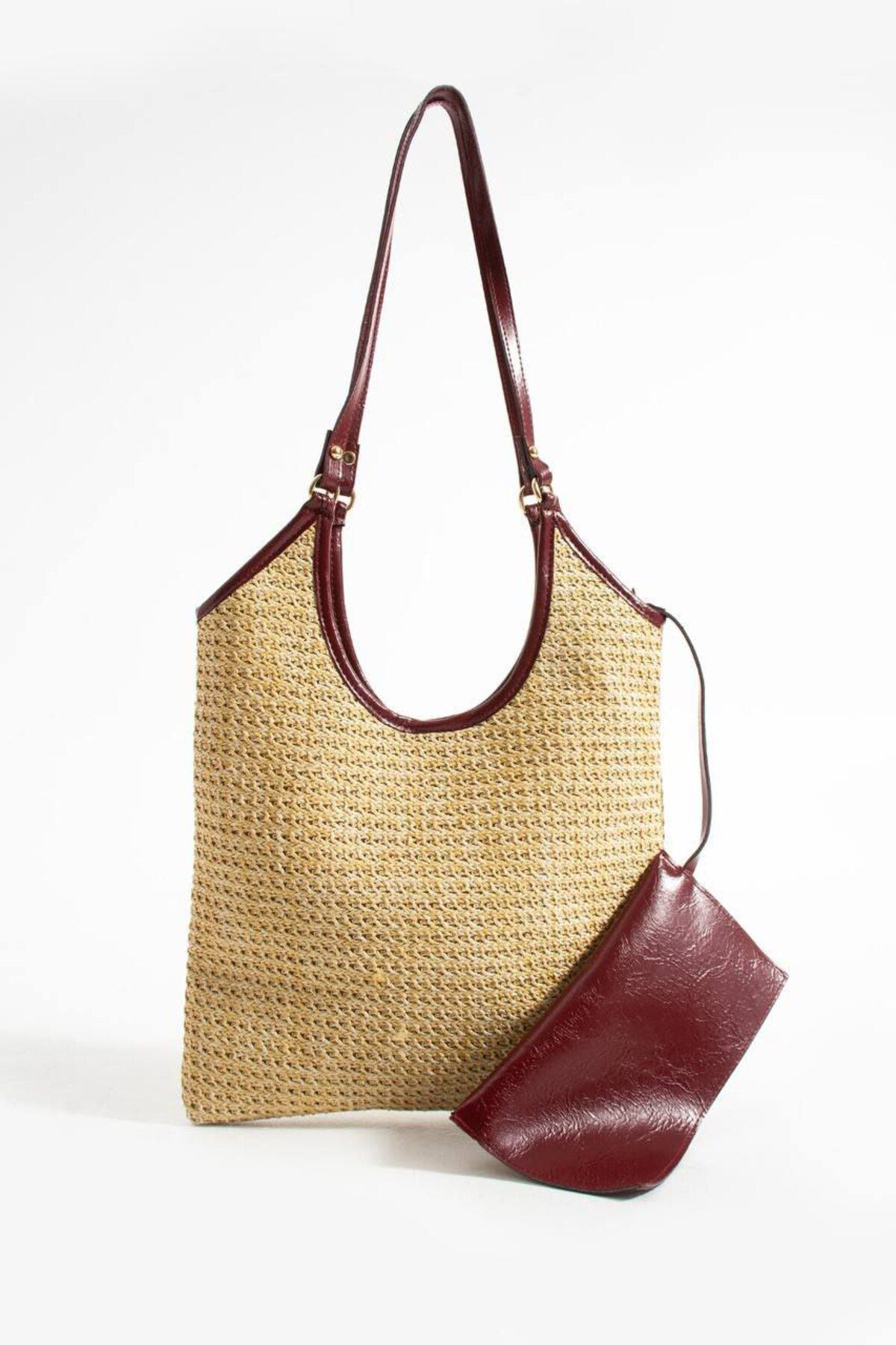 BK Bags & Accessories Hasır Omuz Çanta & Deri Detaylı Mini Cüzdanlı Yazlık Model
