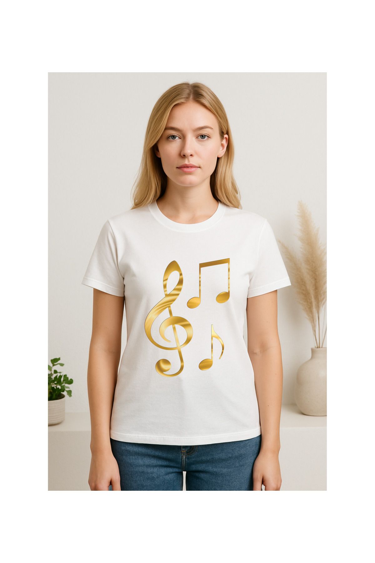 MODA Kısa Kollu, Regular Kalıp, Nota Desenli (Gold Renk), Karın Tshirt