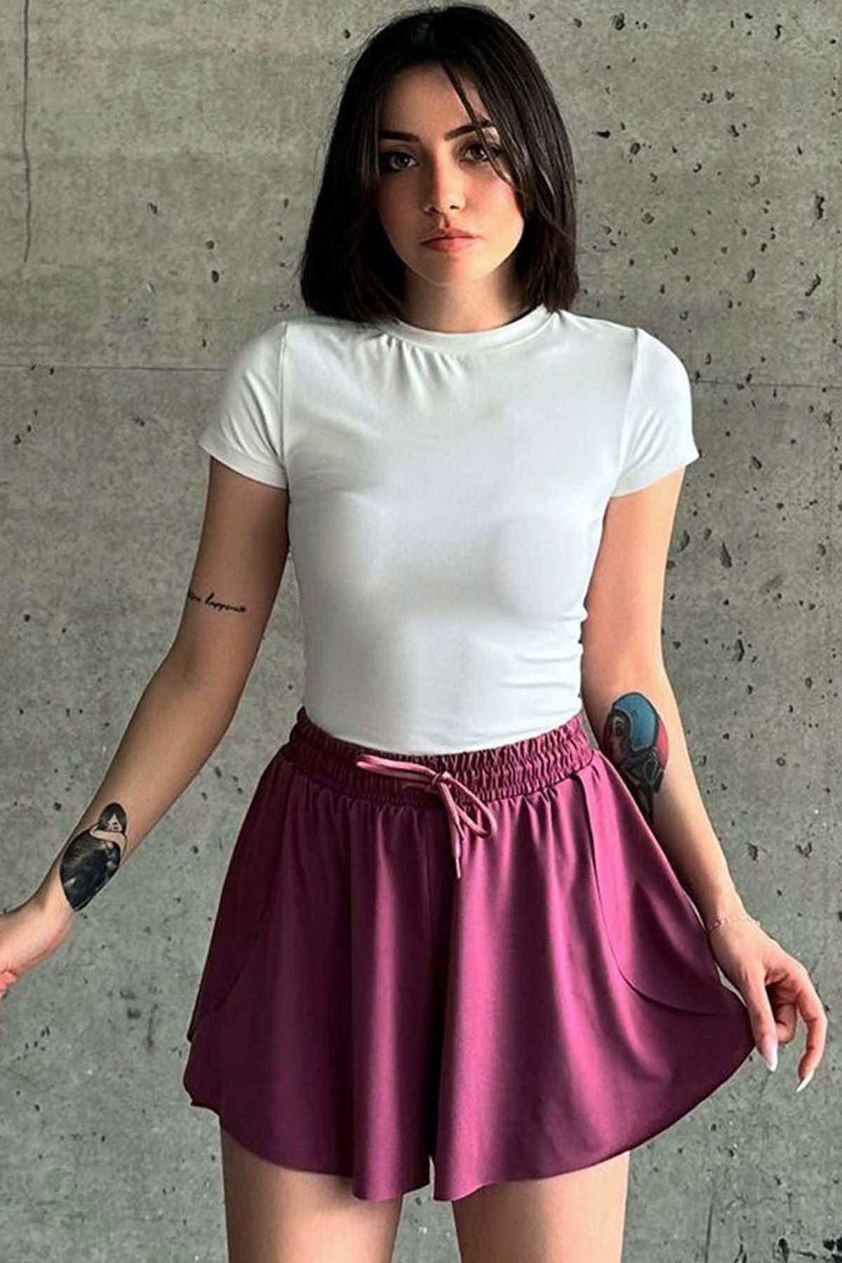 MissThetis Lastikli ve Bağcıklı Yüksek Bel Çift Kat Taytlı Rahat Kalıp Şık ve Cool Esnek Şort