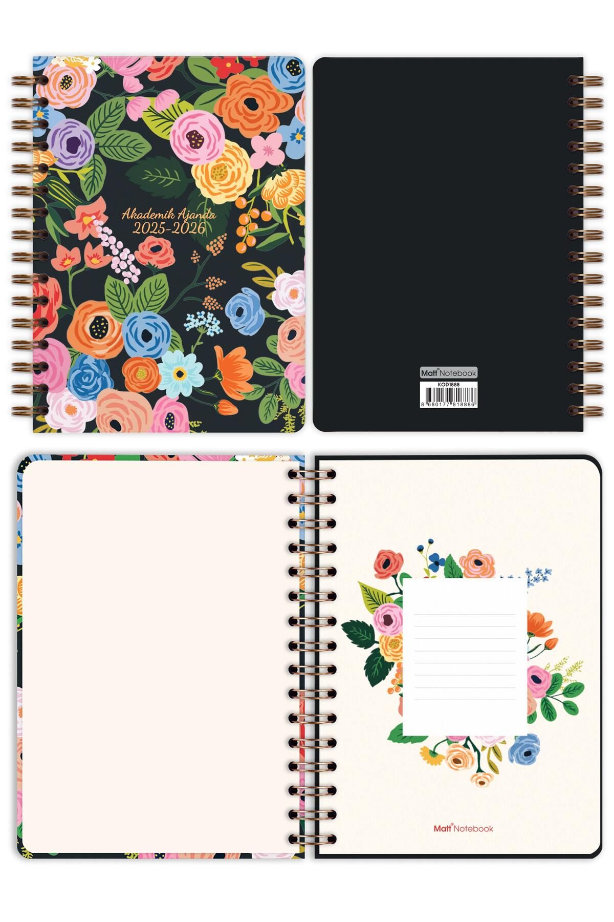 Matt Notebook-Agenda academică A5 2025-2026 Spiralată 15x21 cm -13 luni - Flori negre 4