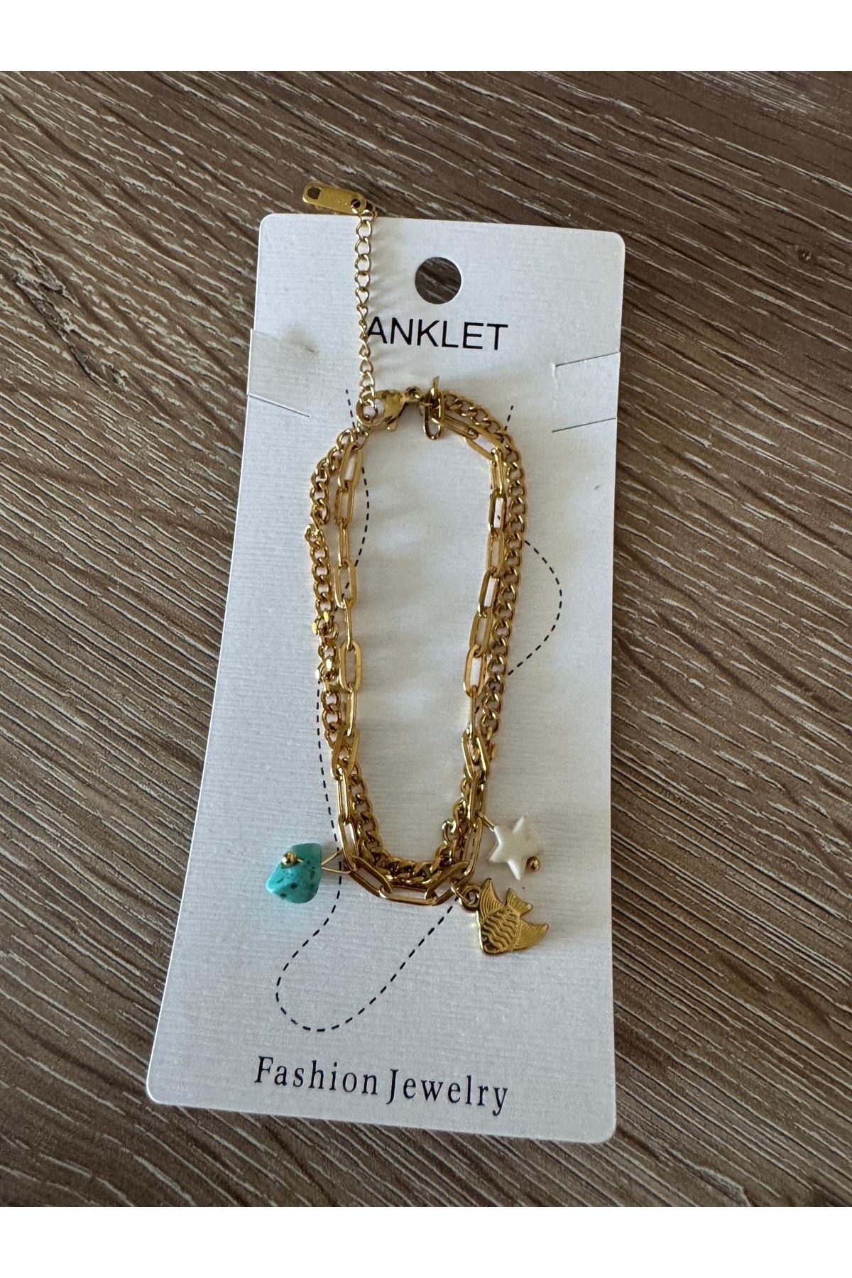 misstakıjewerly ÇELİK GOLD RENK İKİLİ YILDIZLI BALIKLI HALHAL