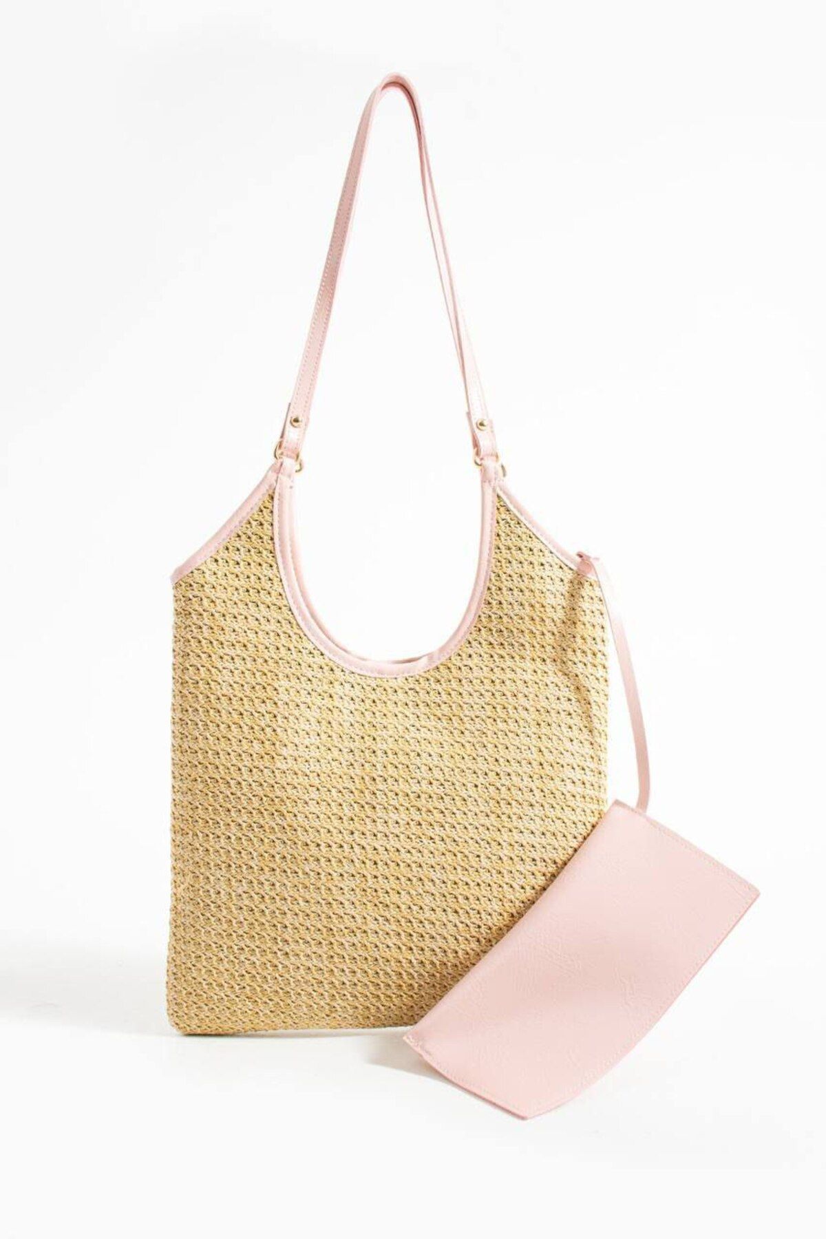 BK Bags & Accessories Hasır Omuz Çanta & Deri Detaylı Mini Cüzdanlı Yazlık Model
