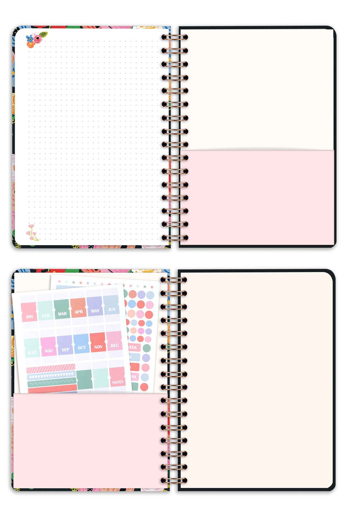 Matt Notebook-Agenda academică A5 2025-2026 Spiralată 15x21 cm -13 luni - Flori negre 5