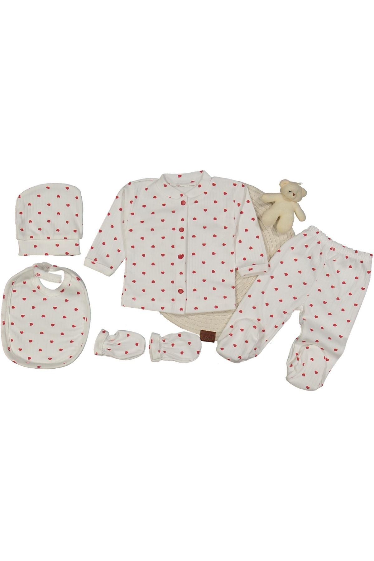 minella kids fitilli kumaşa 5’li kalp baskılı hastane çıkışı kutulu set
