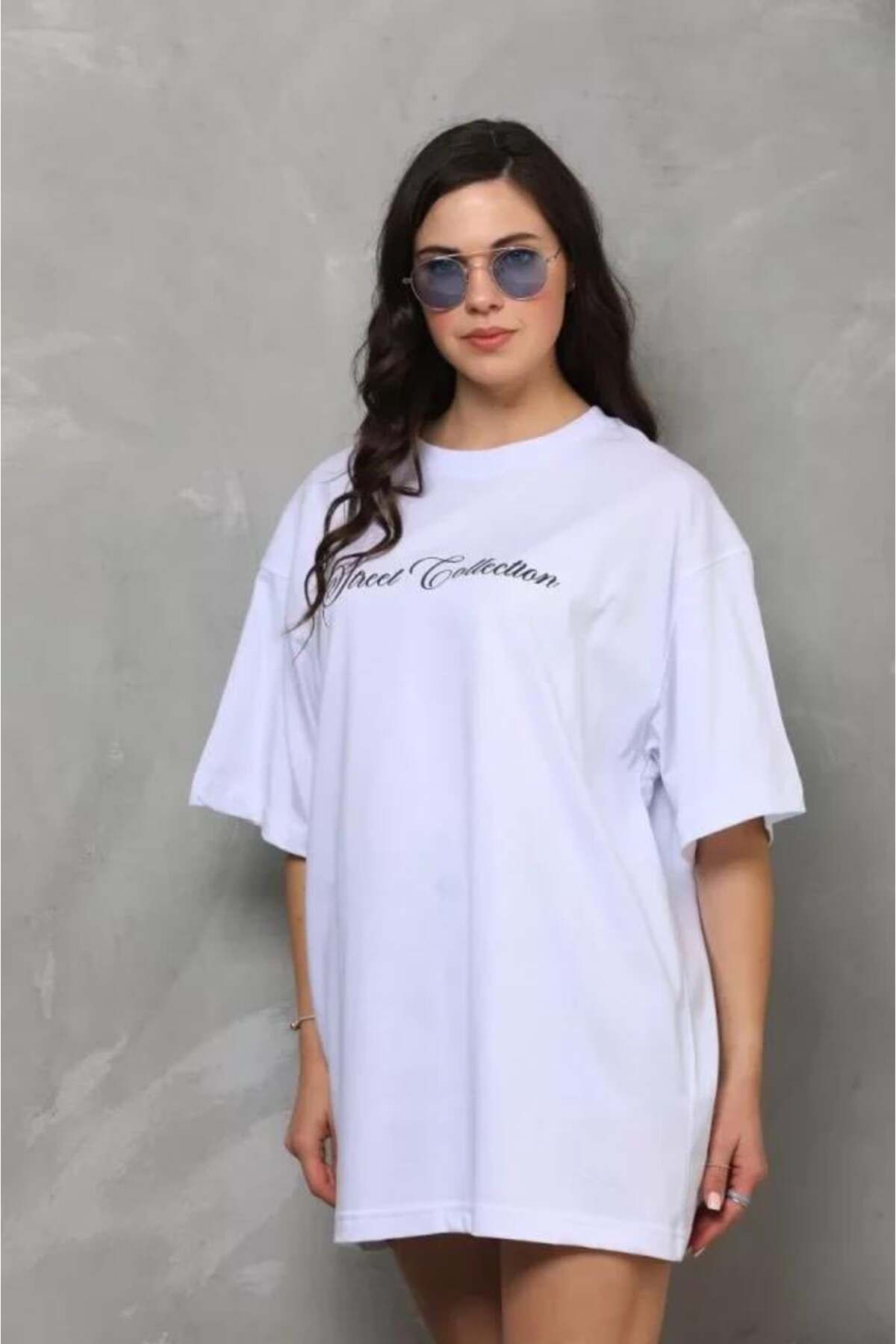 modamtn Unisex Bisiklet Yaka Baskılı Oversize T-Shirt - Beyaz