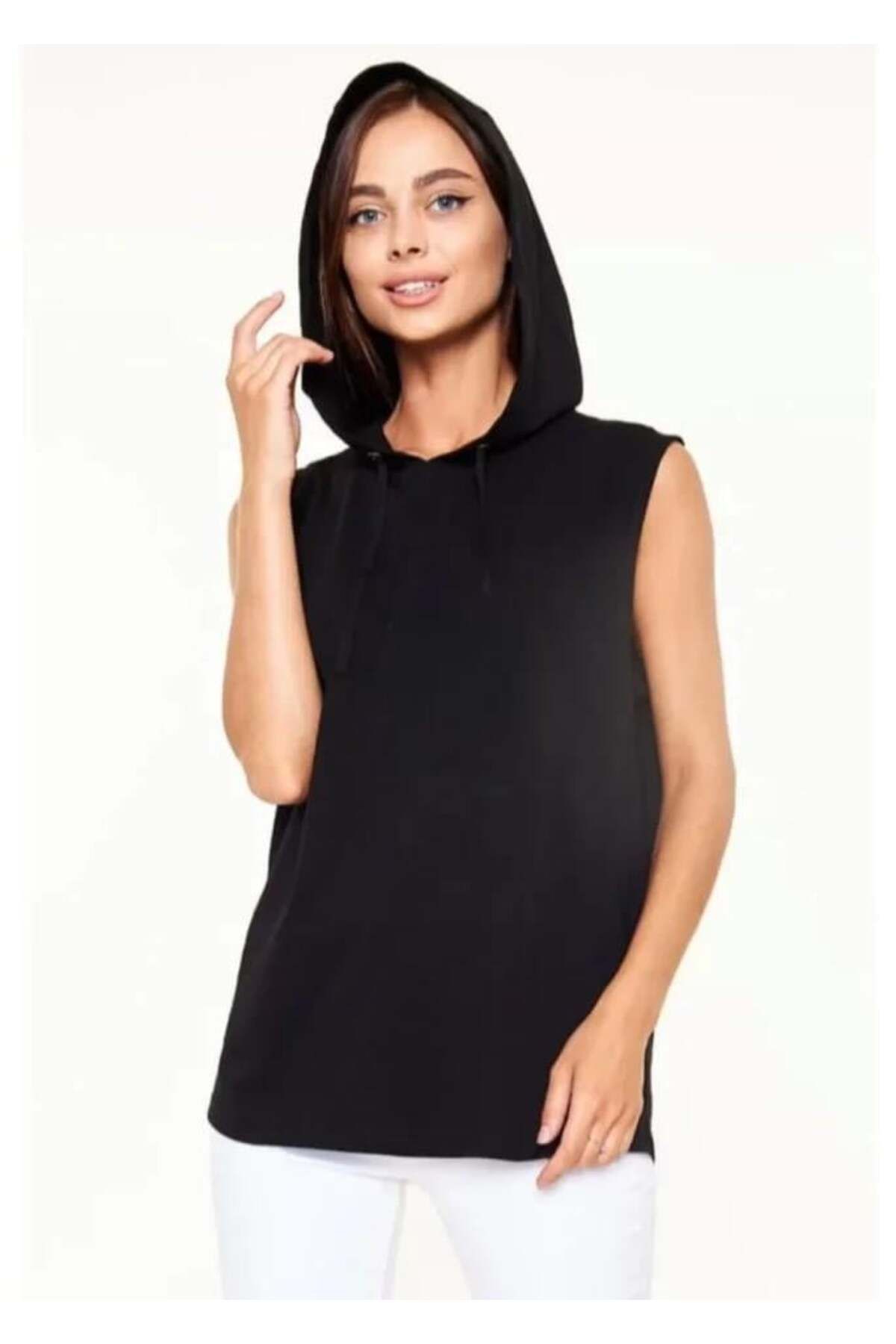 modamtn Unisex Kapşonlu Kolsuz Düz Oversize T-shirt - Siyah
