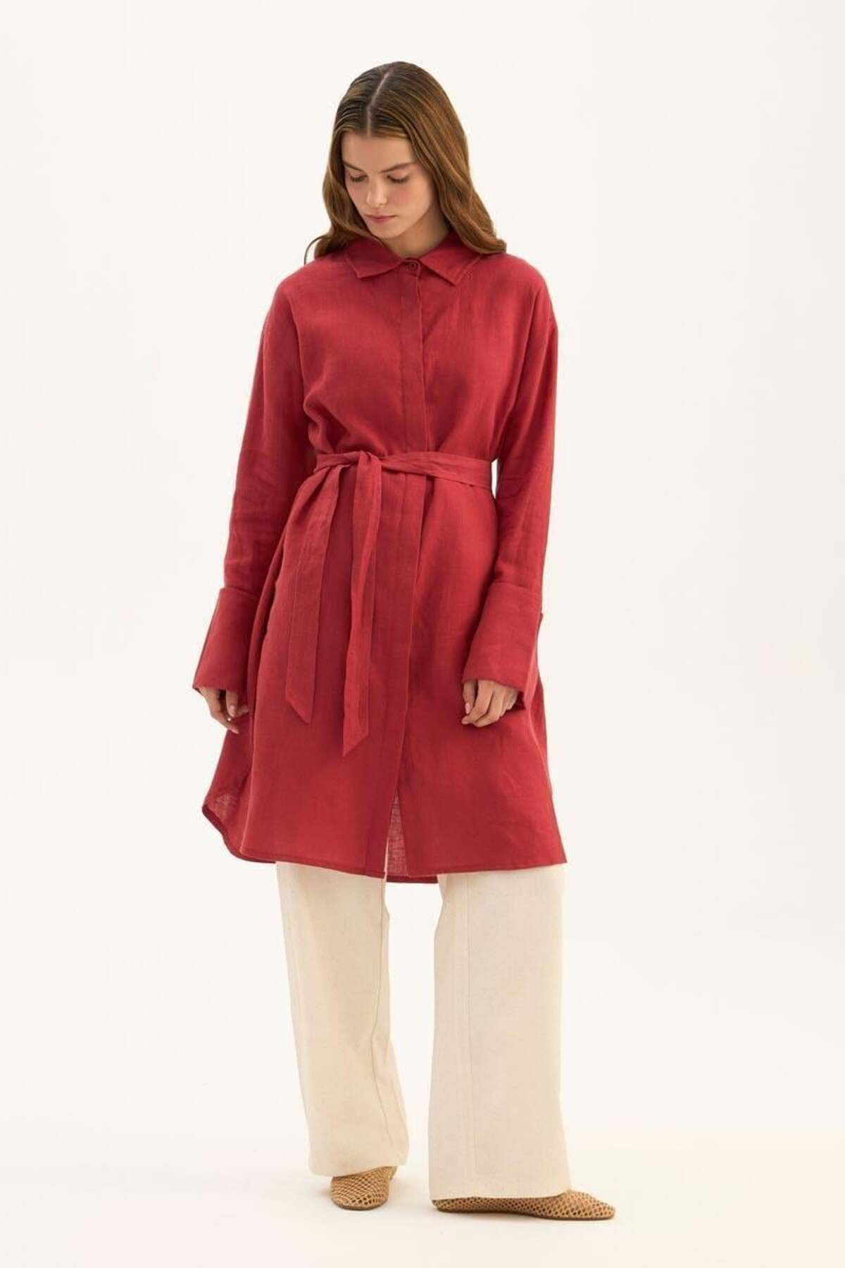 ALYOSHA FASHION Geniş Manşetli %100 Keten TuniK Kırmızı